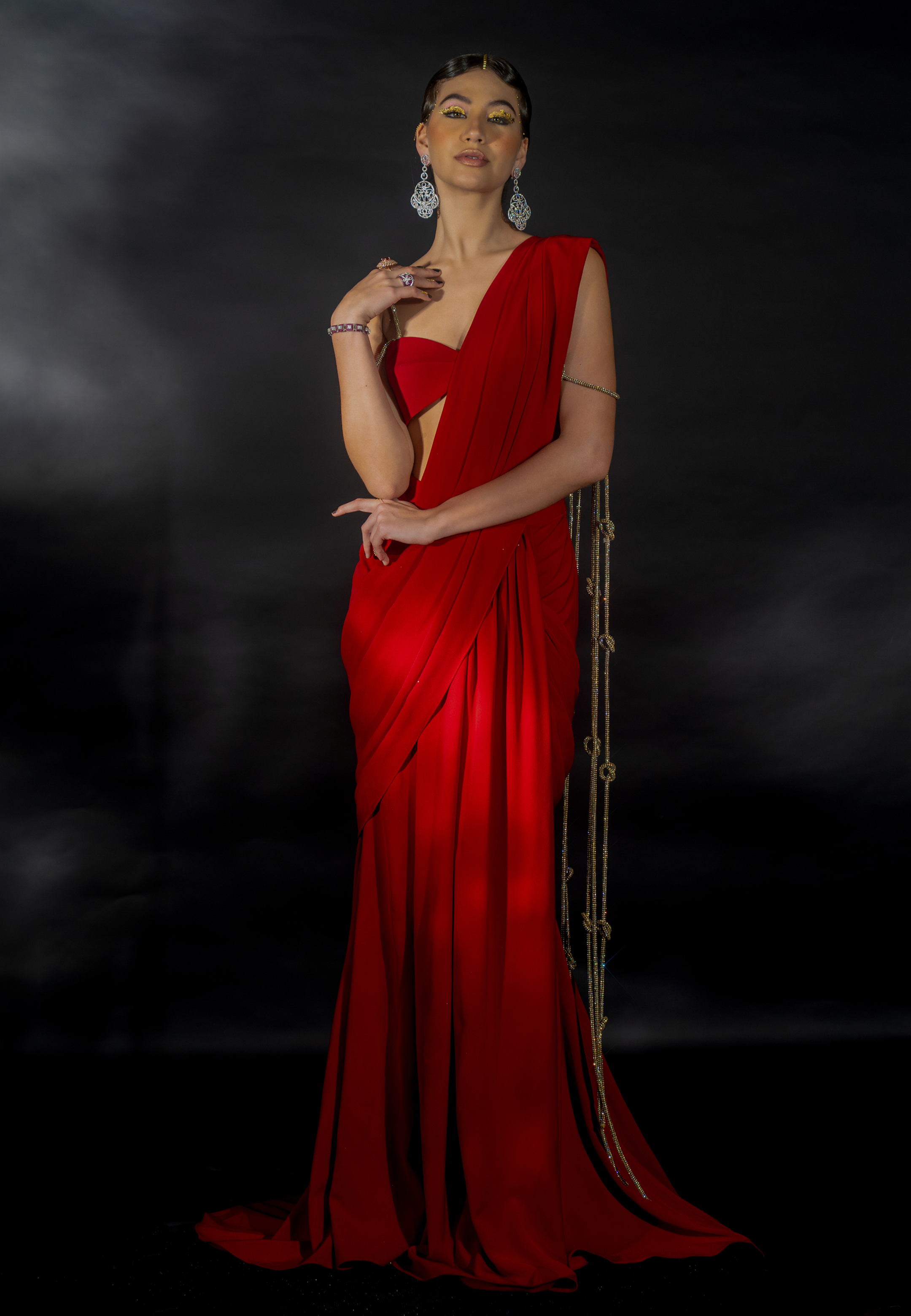 Red Lehenga Saree with Crystal Knotted String Pallu and Strap