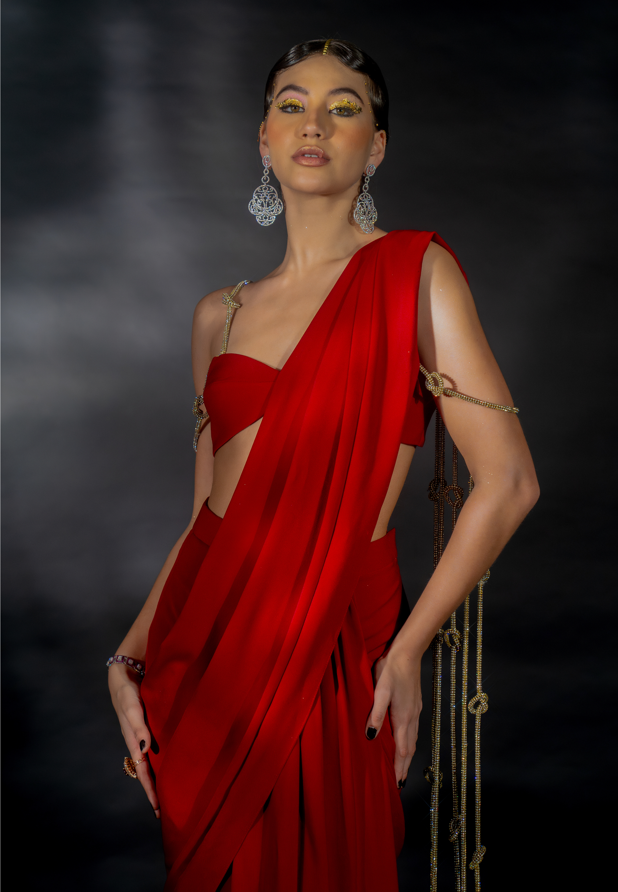 Red Lehenga Saree with Crystal Knotted String Pallu and Strap