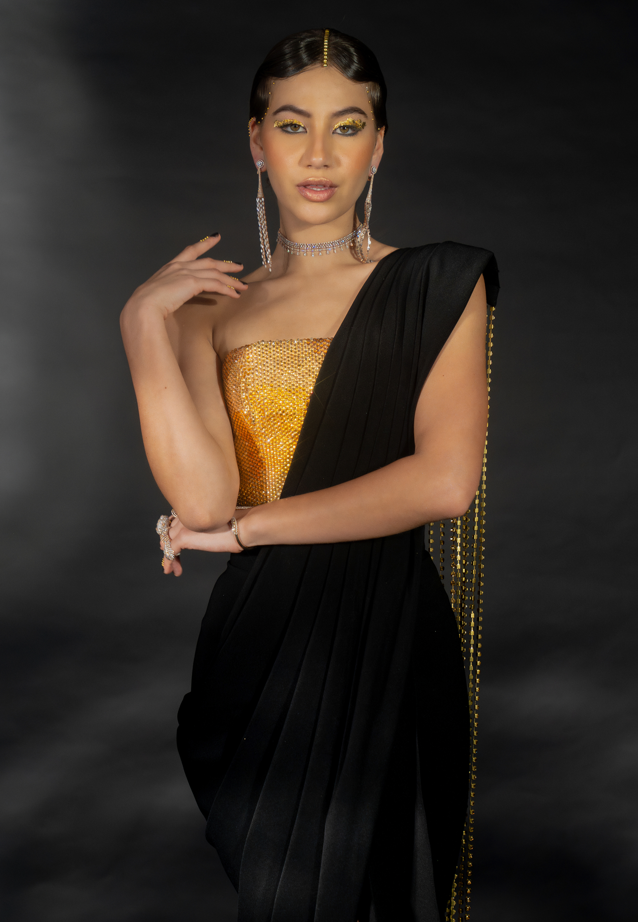 Black Suiting Saree with Diamond String Pallu and Rhinestoned Blouse