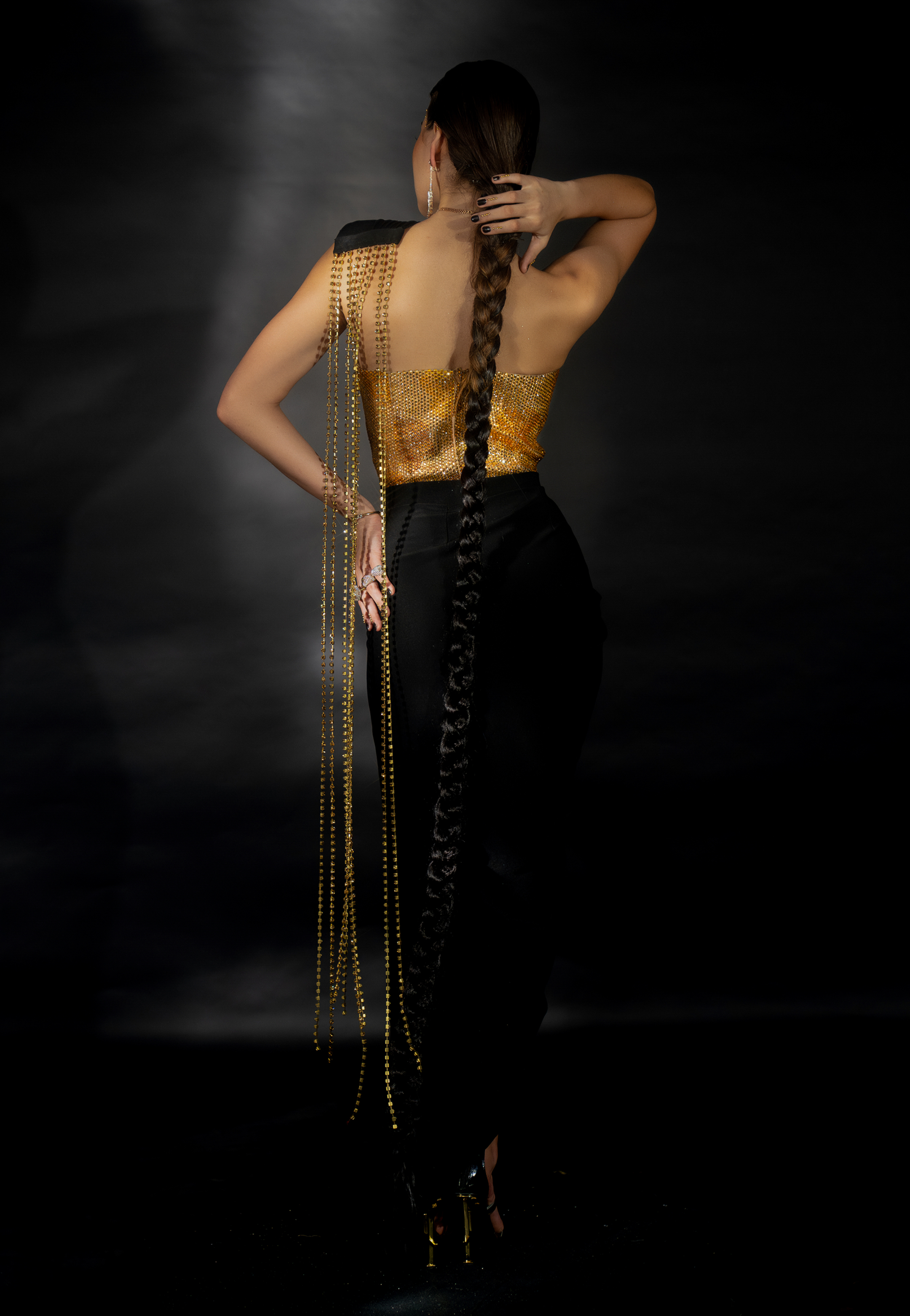 Black Suiting Saree with Diamond String Pallu and Rhinestoned Blouse