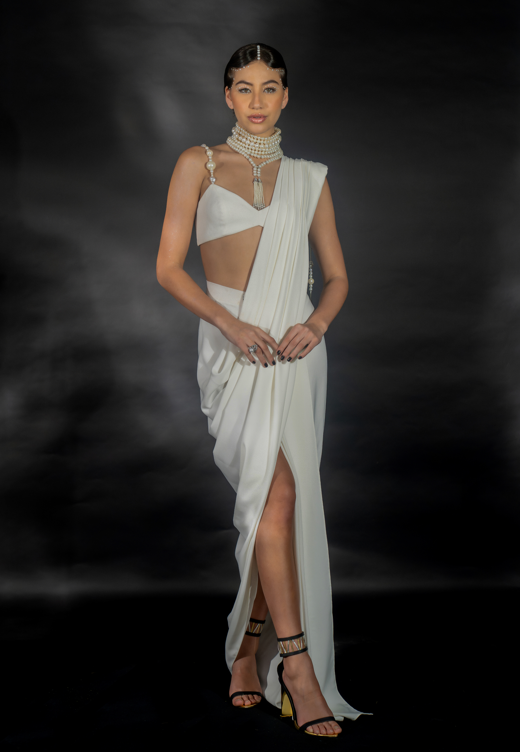 White Suiting Saree with Pearl String Pallu and Strap