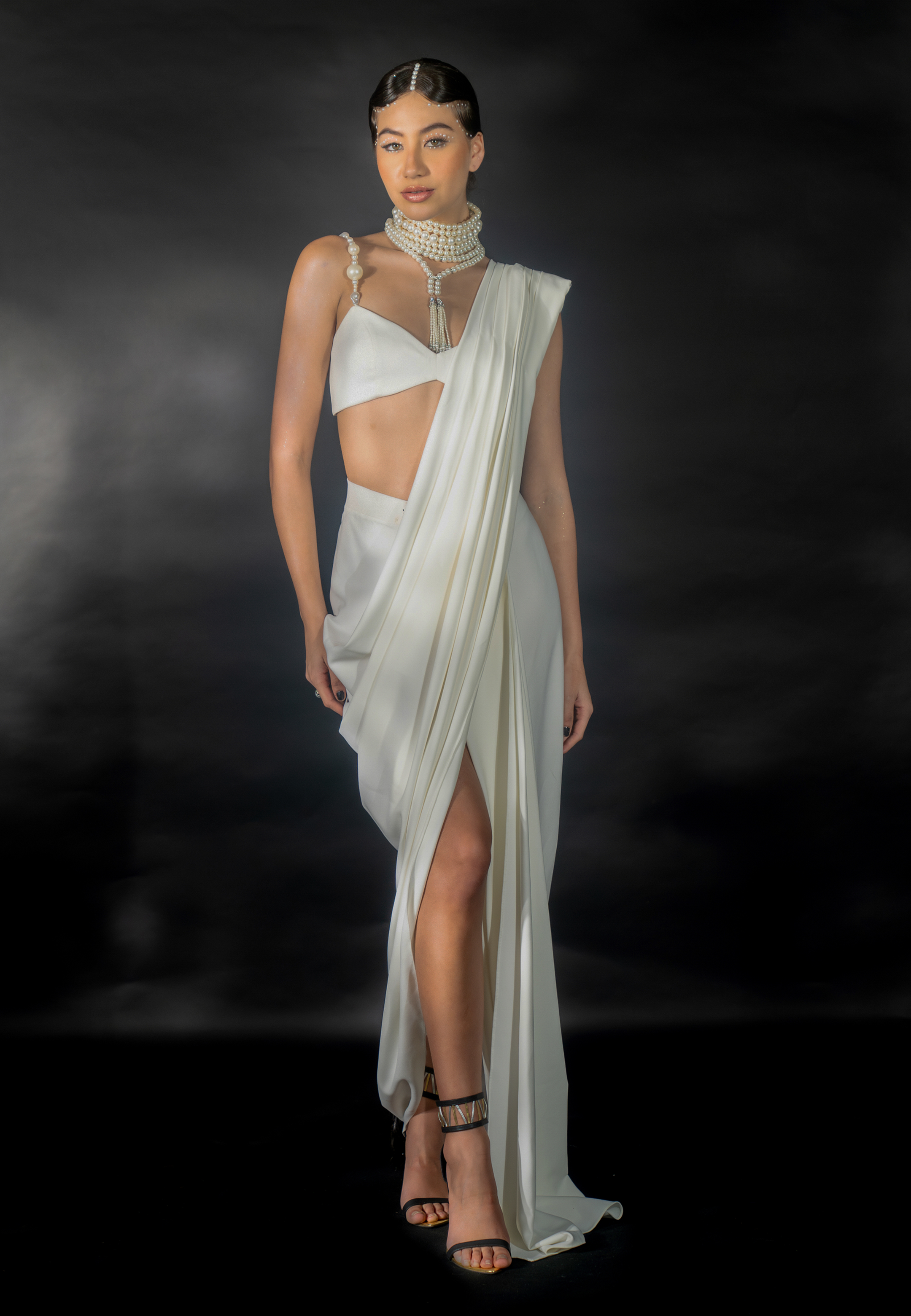 White Suiting Saree with Pearl String Pallu and Strap