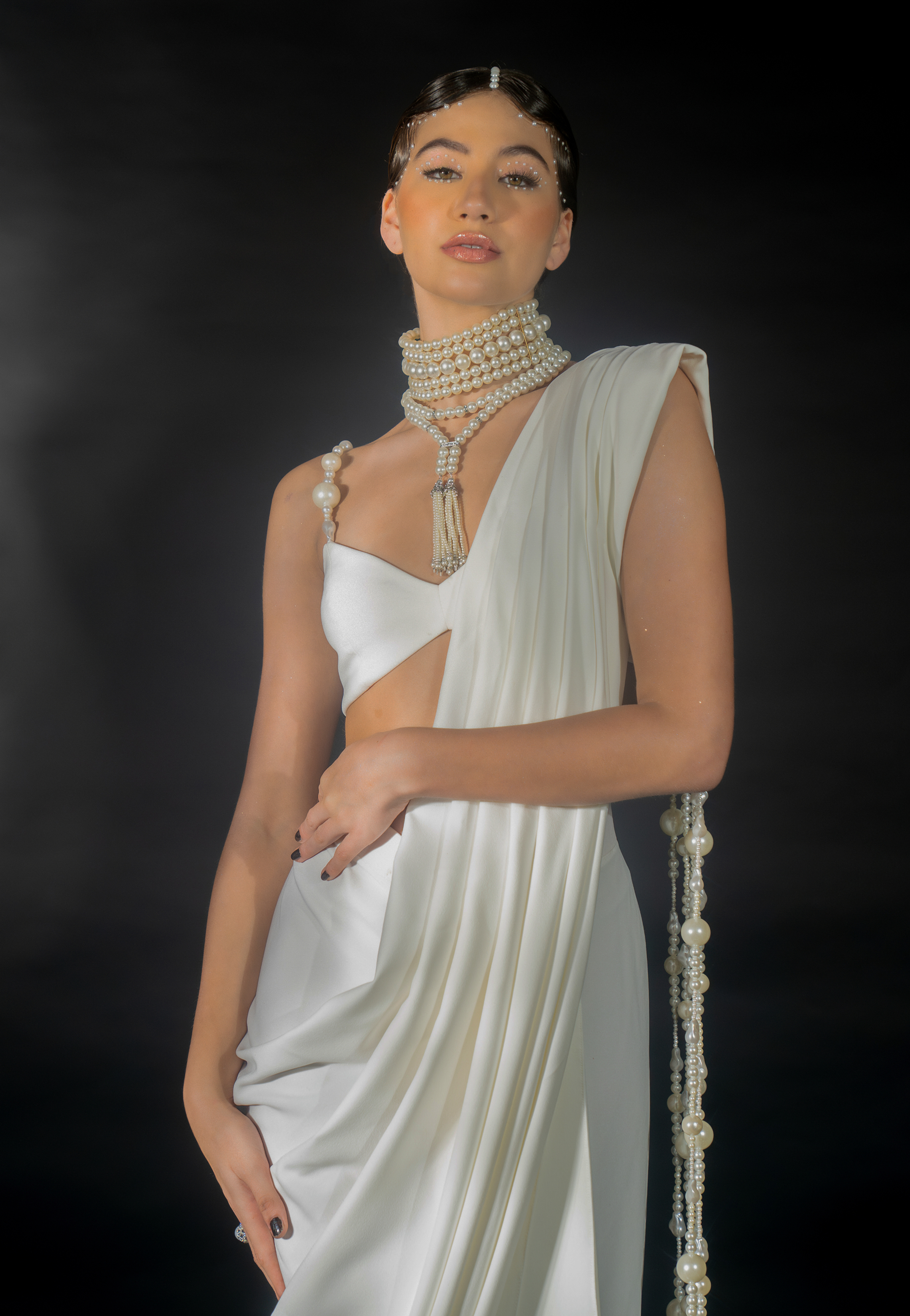 White Suiting Saree with Pearl String Pallu and Strap