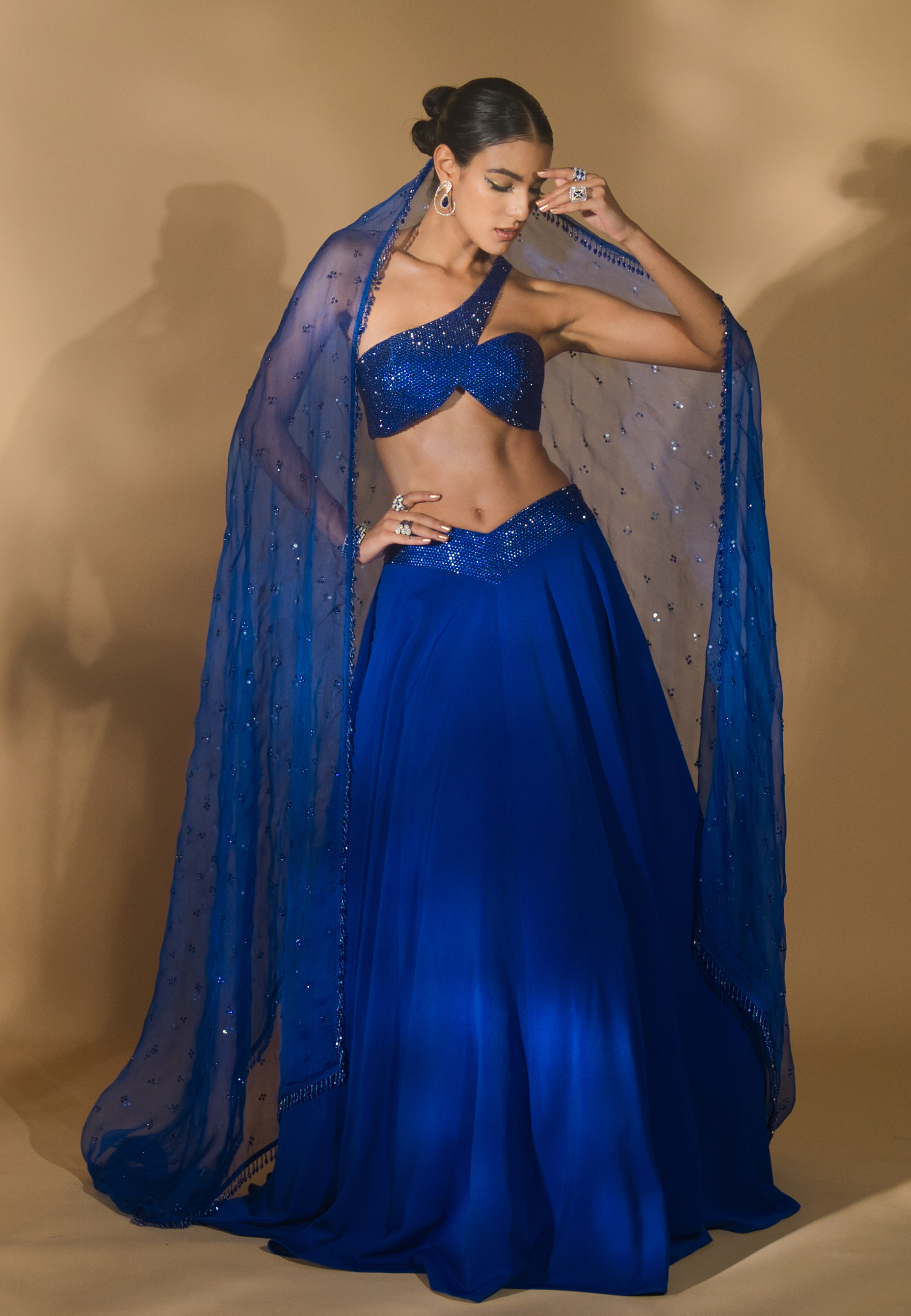 Rhinestone Encrusted Cross Blouse with Lehenga and Organza Dupatta