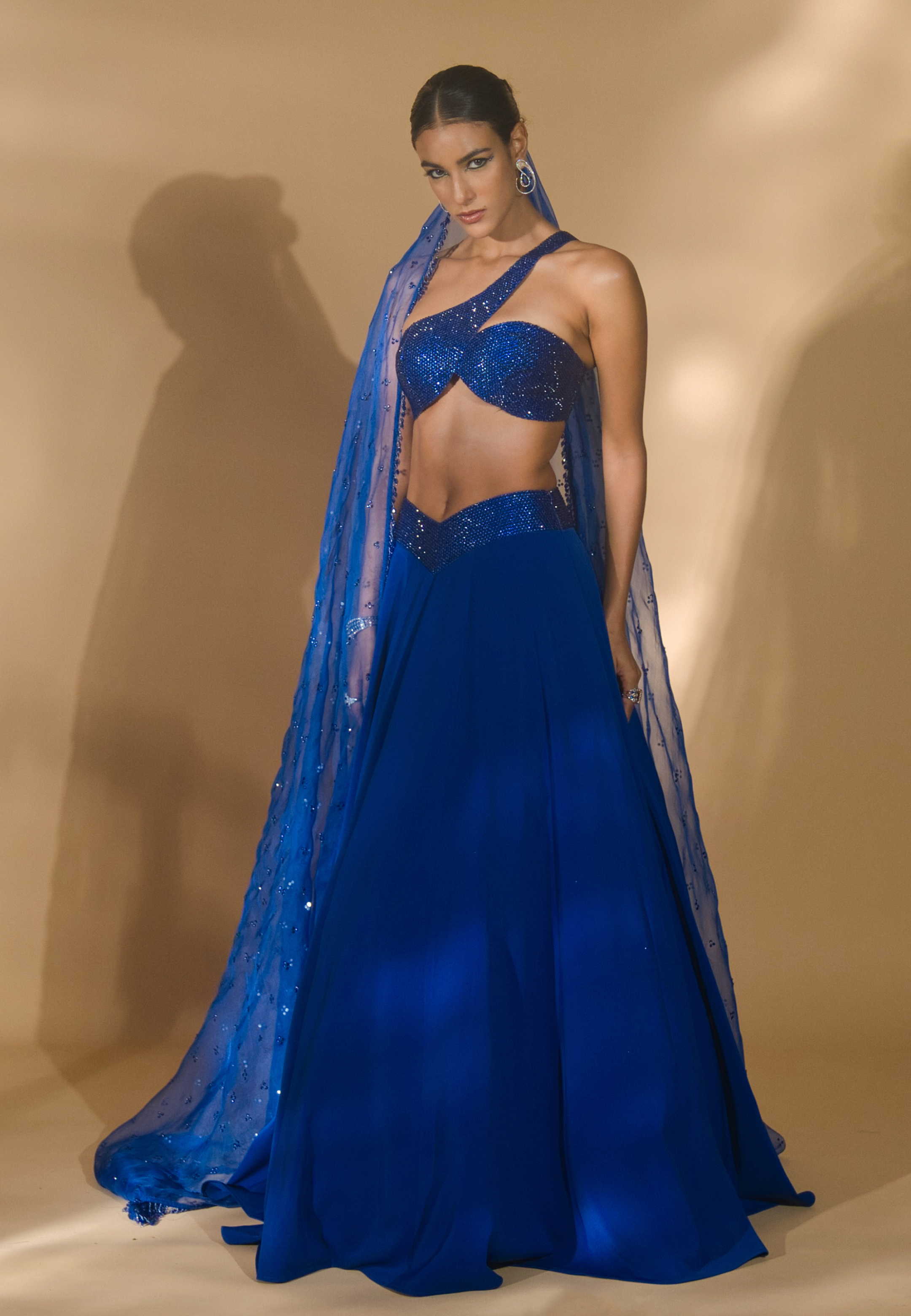 Rhinestone Encrusted Cross Blouse with Lehenga and Organza Dupatta