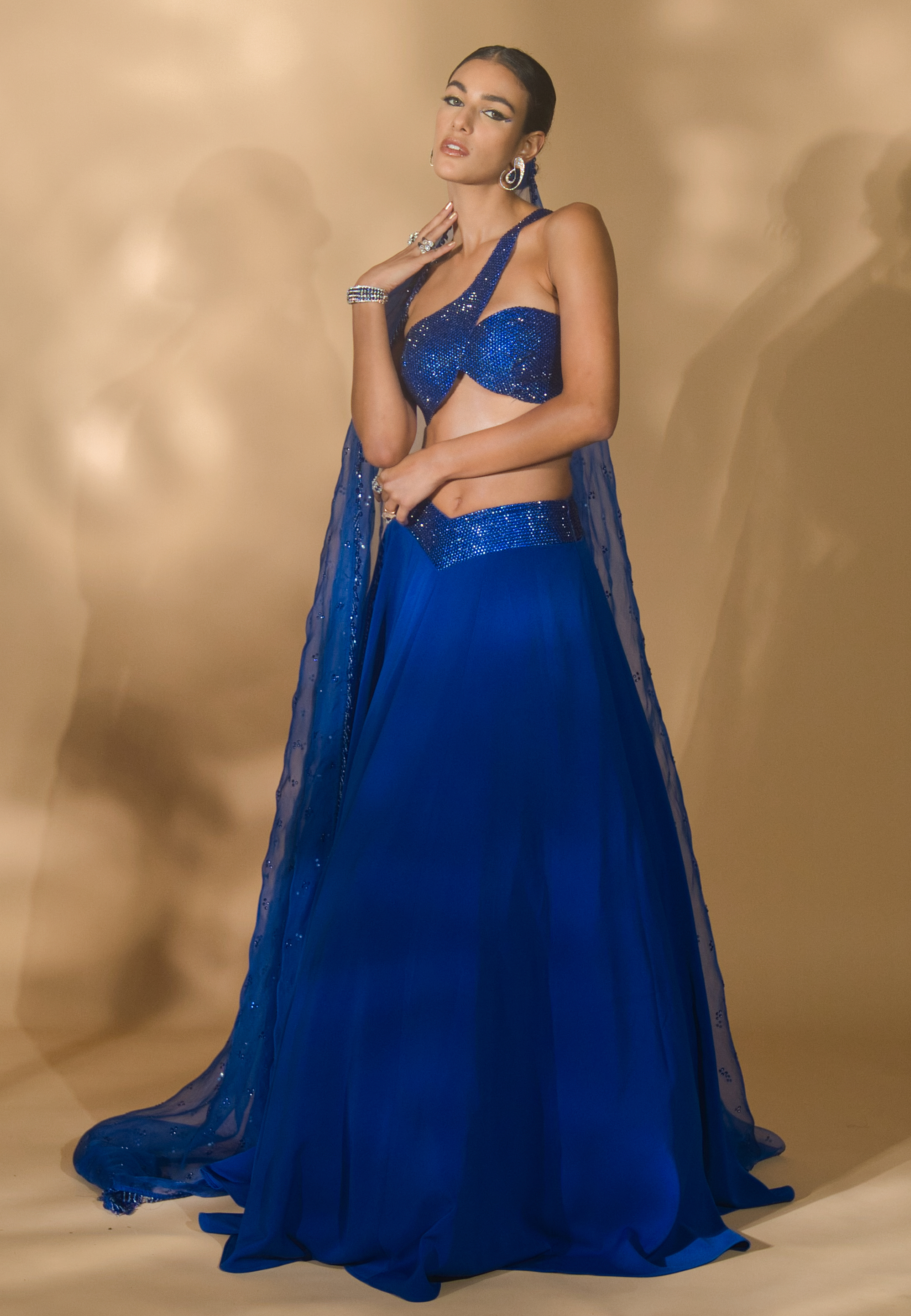 Rhinestone Encrusted Cross Blouse with Lehenga and Organza Dupatta