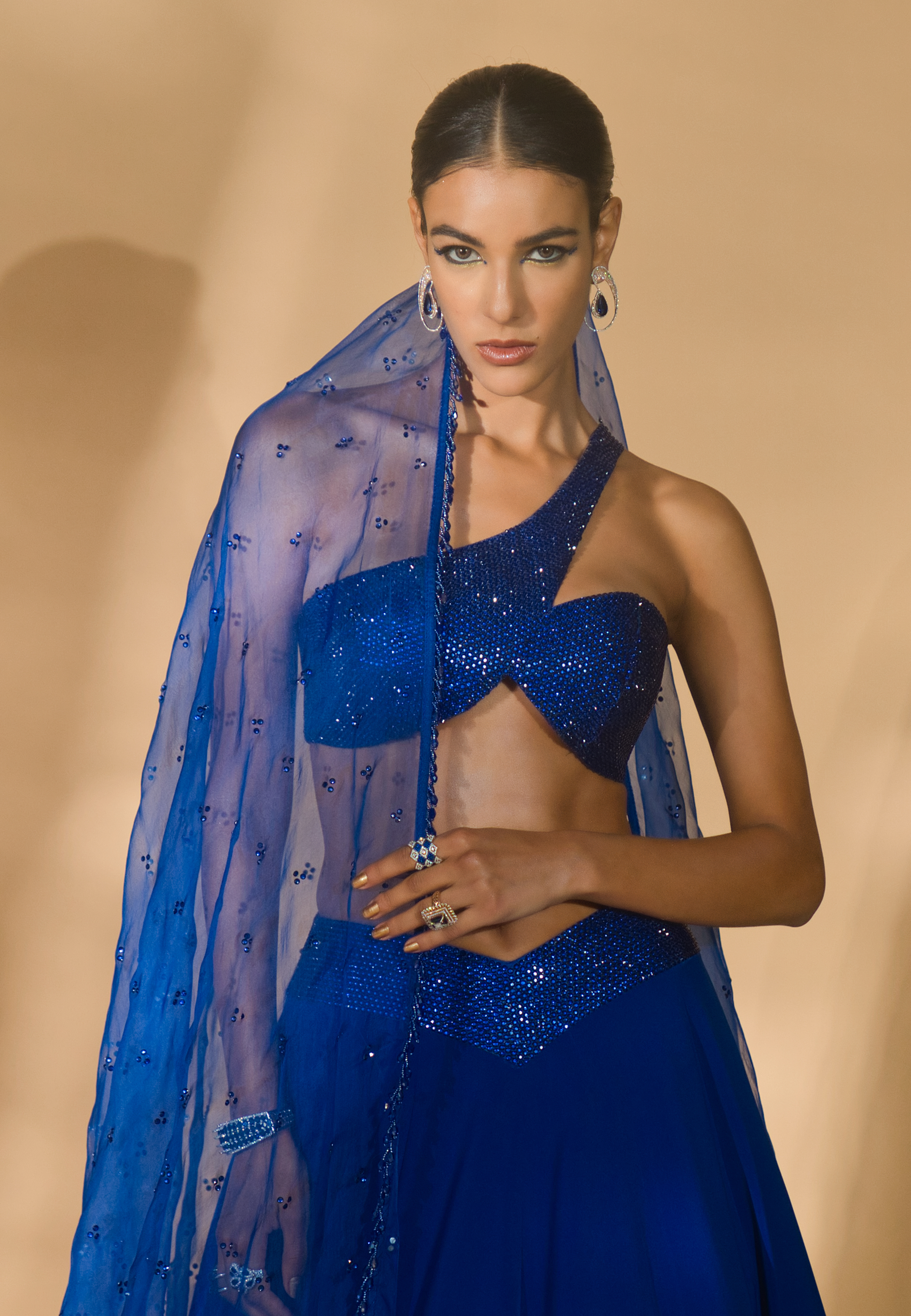 Rhinestone Encrusted Cross Blouse with Lehenga and Organza Dupatta