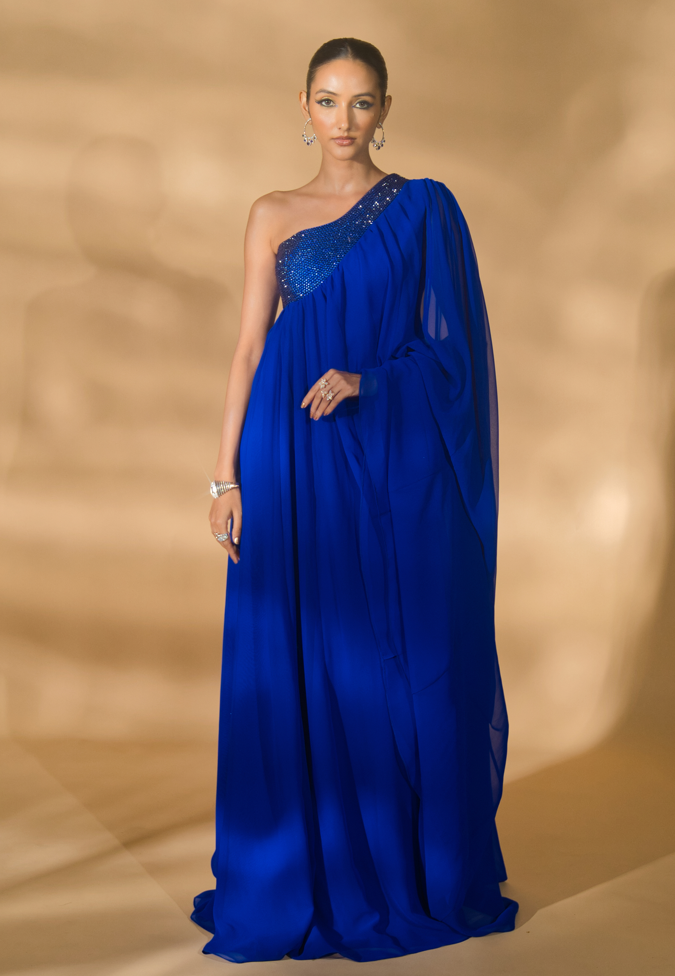 One Shoulder Kaftan with Rhinestoned Bodice