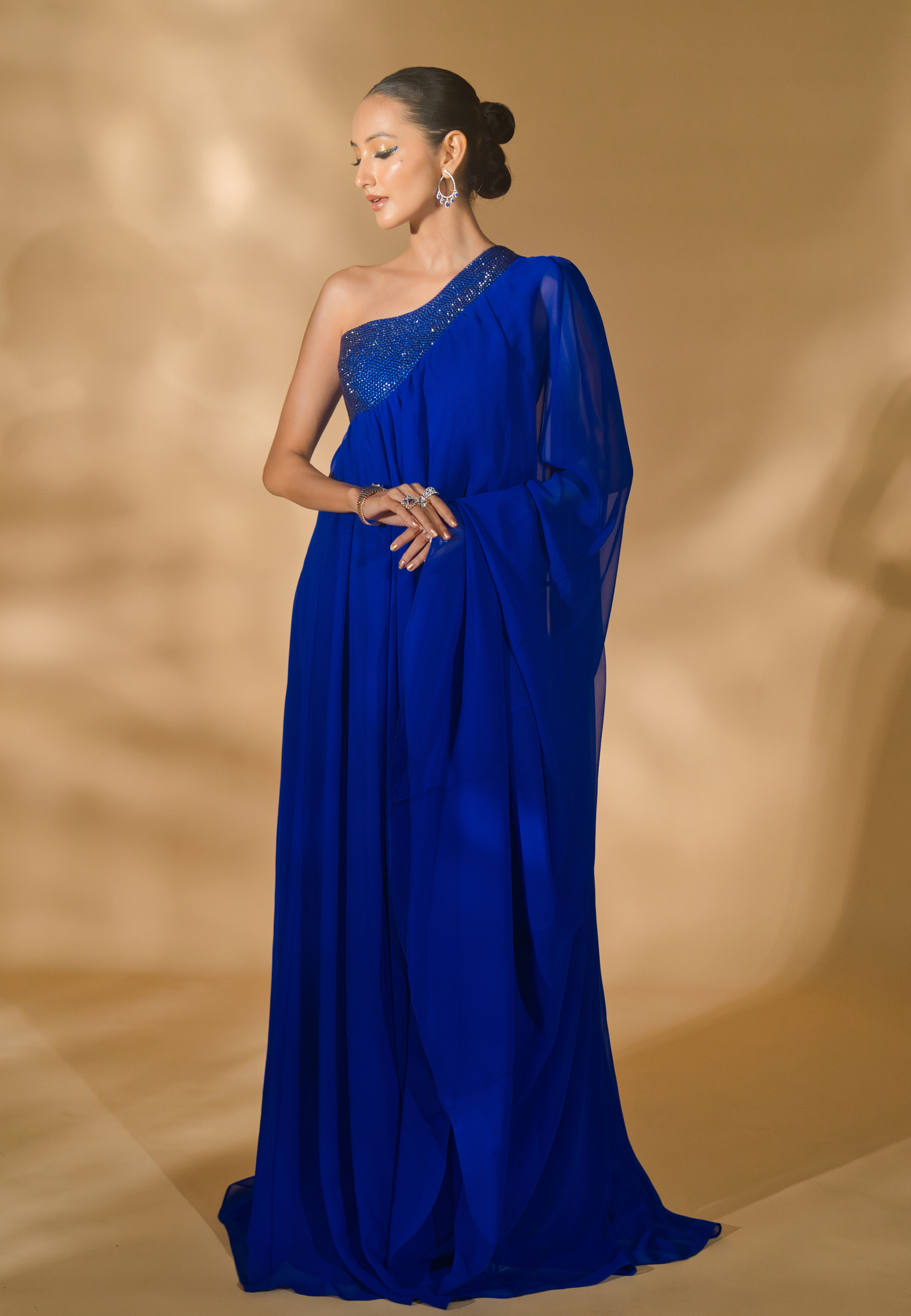 One Shoulder Kaftan with Rhinestoned Bodice