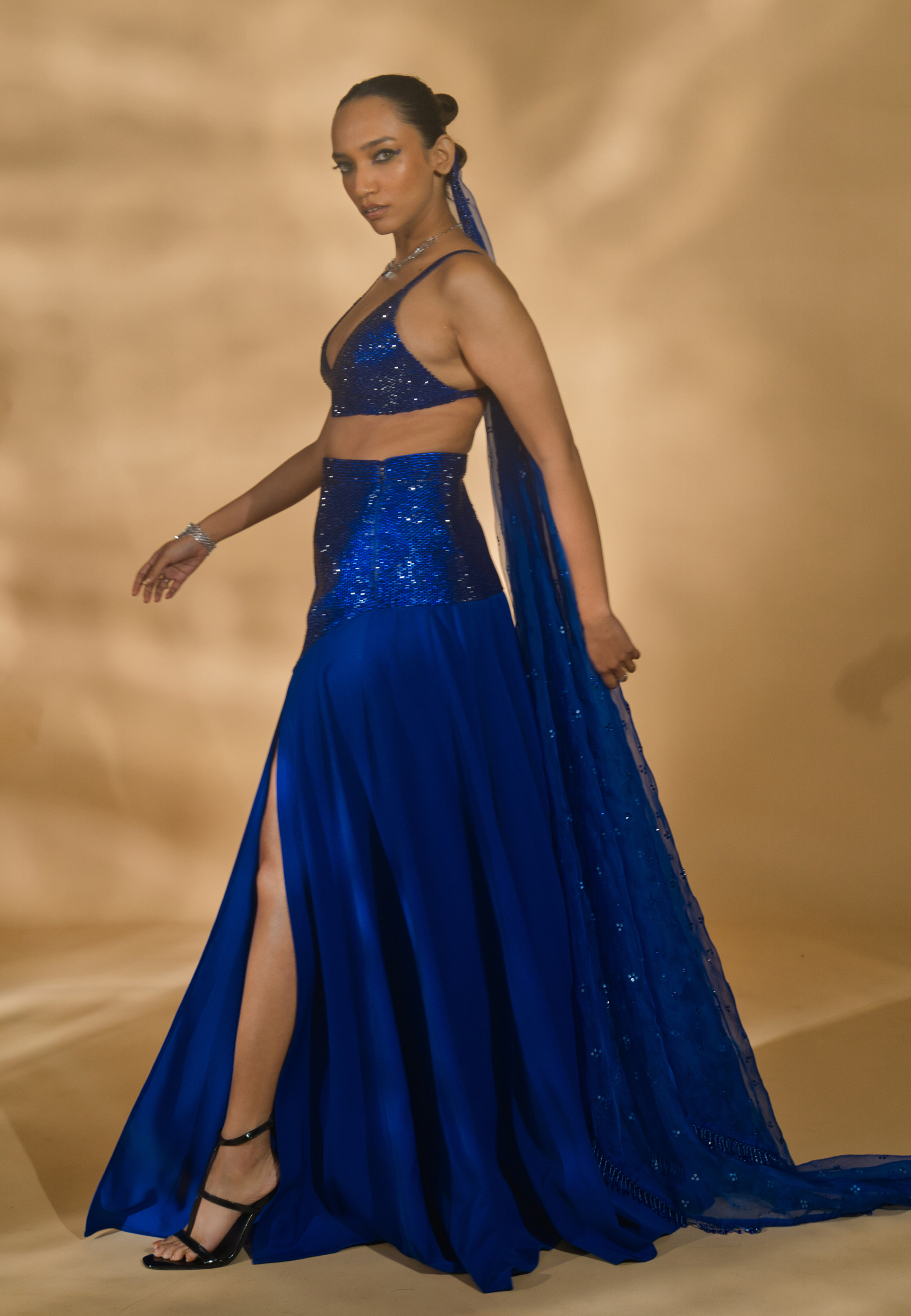 Rhinestone Encrusted Blouse with Lehenga and Organza Dupatta