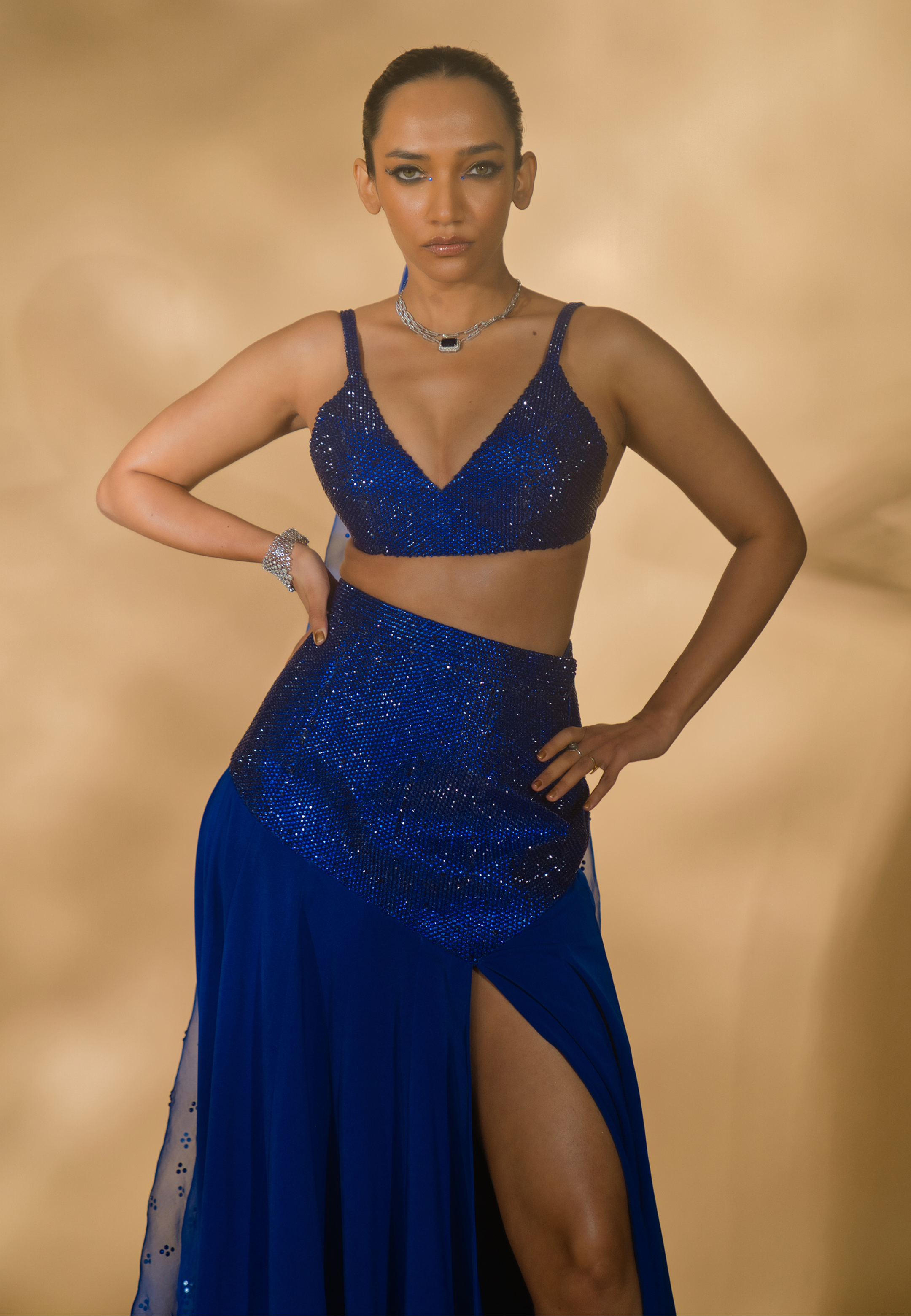 Rhinestone Encrusted Blouse with Lehenga and Organza Dupatta