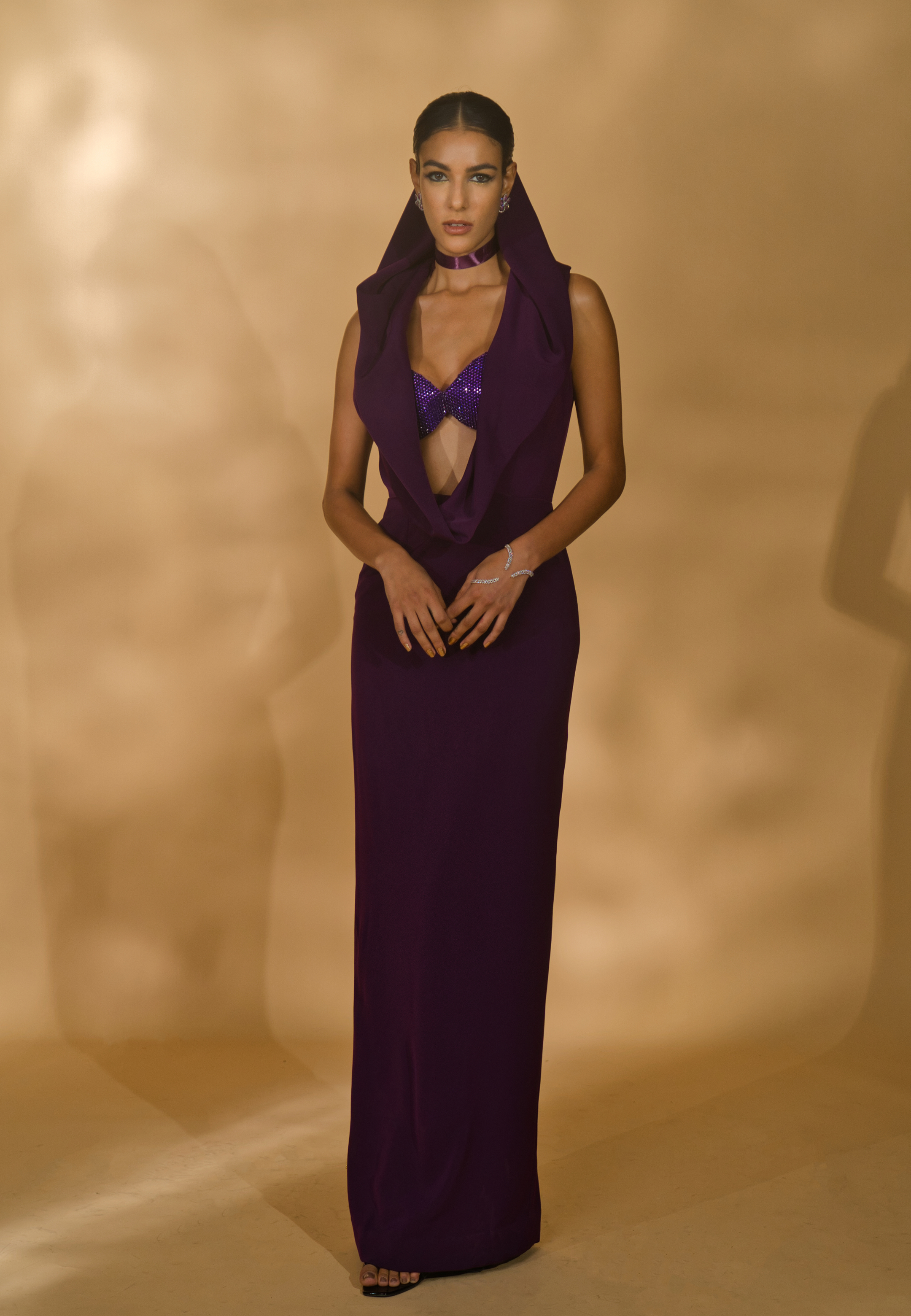 Rhinestone Encrusted Bralet with Cowled Neck Kurta/Gown