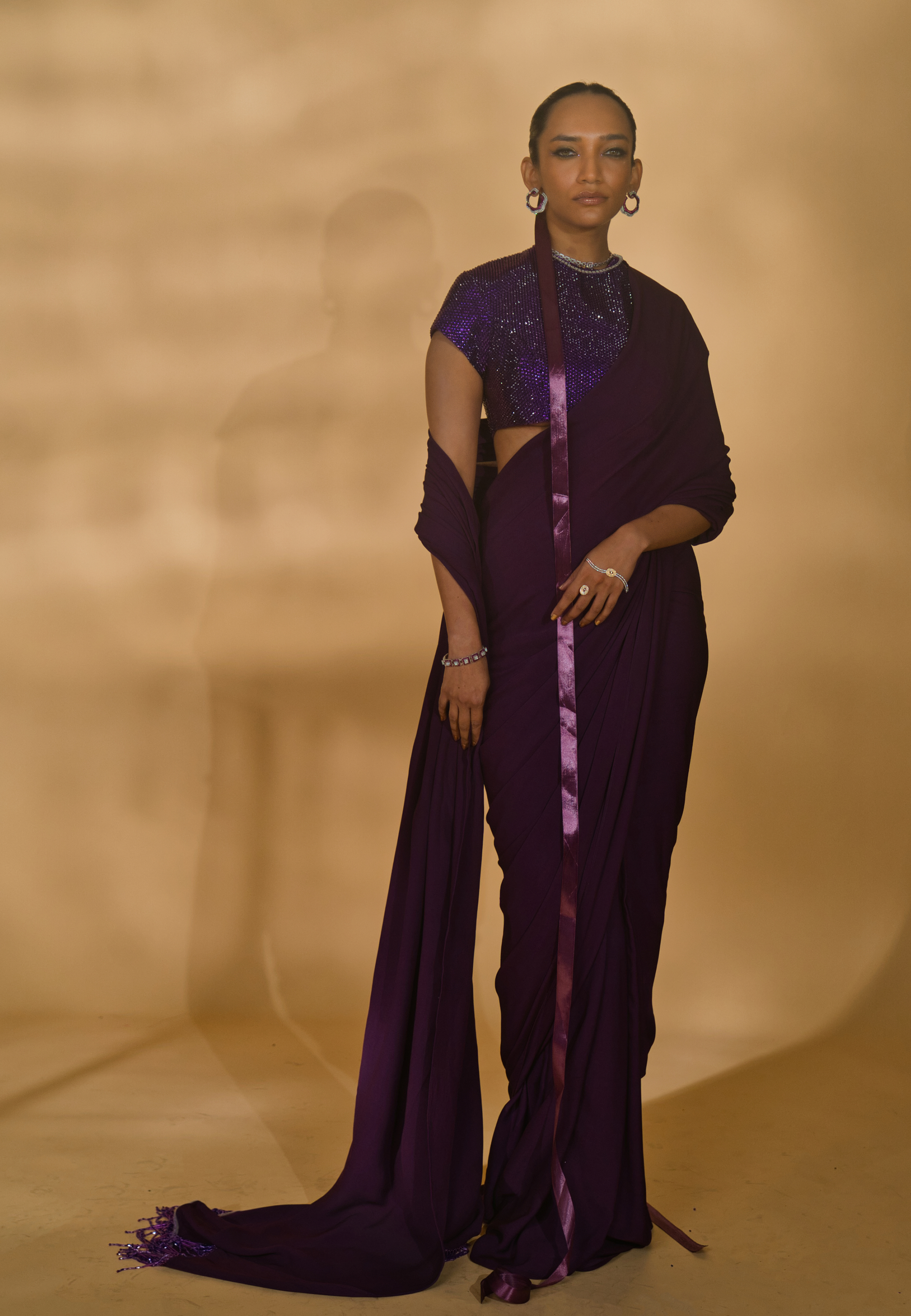 Rhinestone Encrusted Blouse with Pre-Stitched Double Georgette Saree (NT23-017)