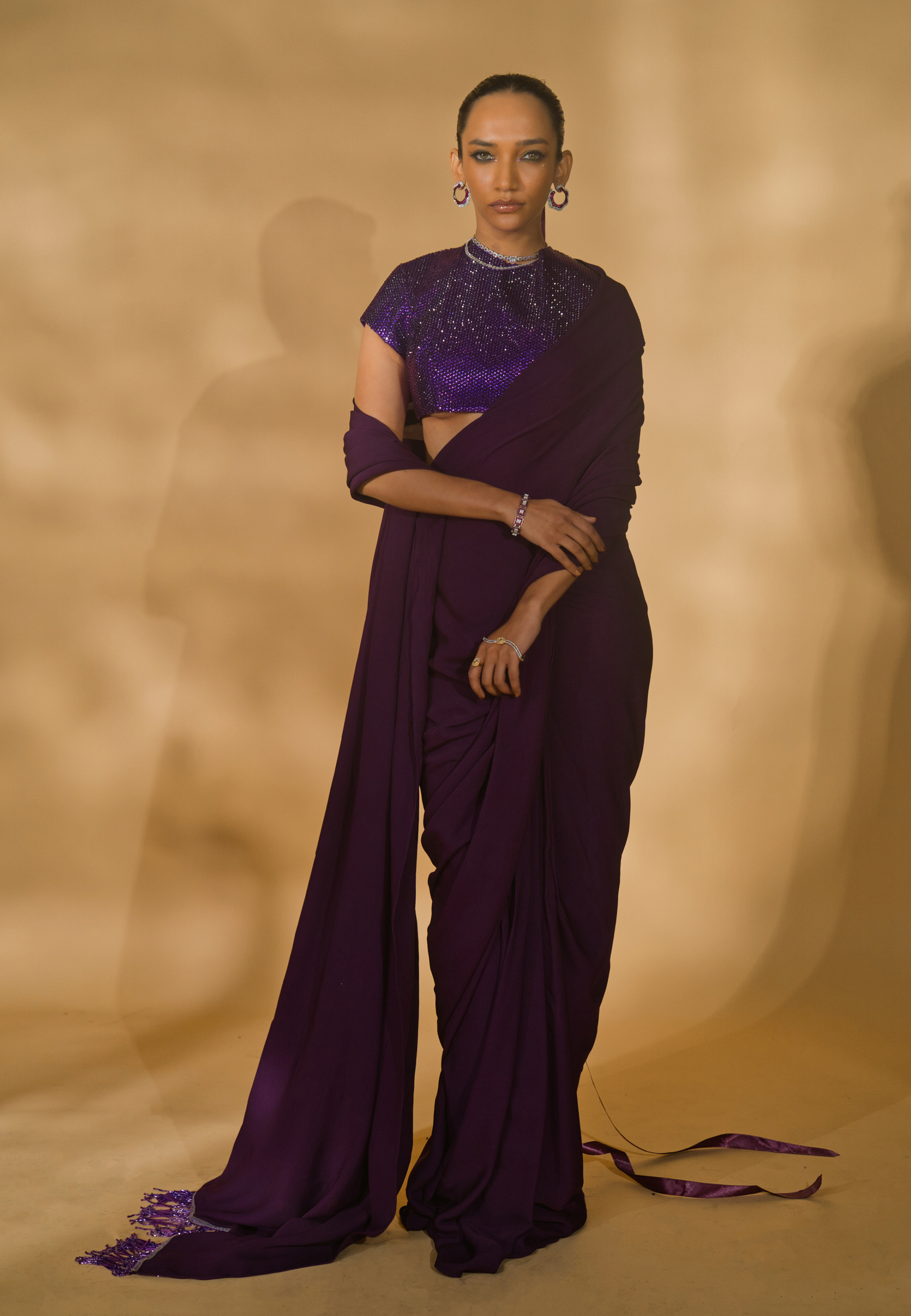 Rhinestone Encrusted Blouse with Pre-Stitched Double Georgette Saree (NT23-017)
