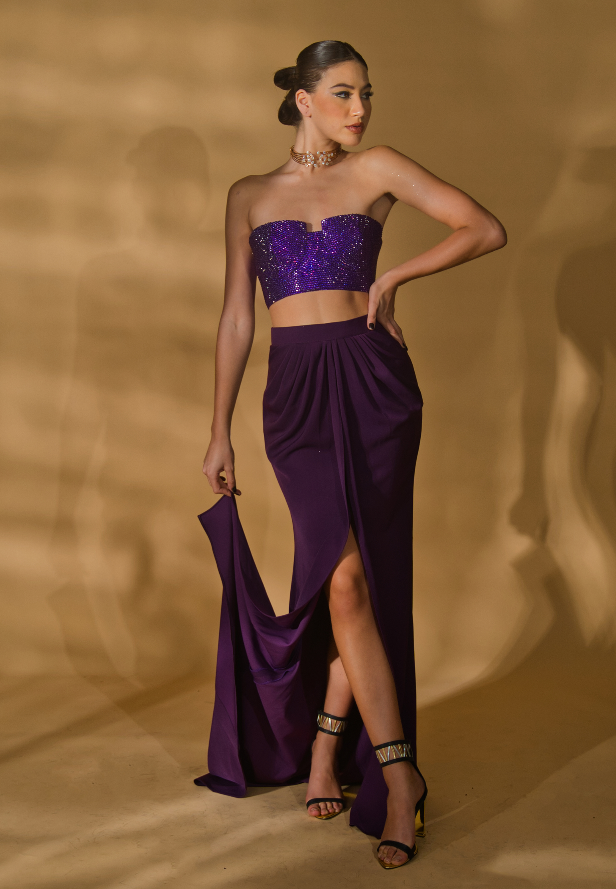 Rhinestone Encrusted Bralet with Draped Skirt