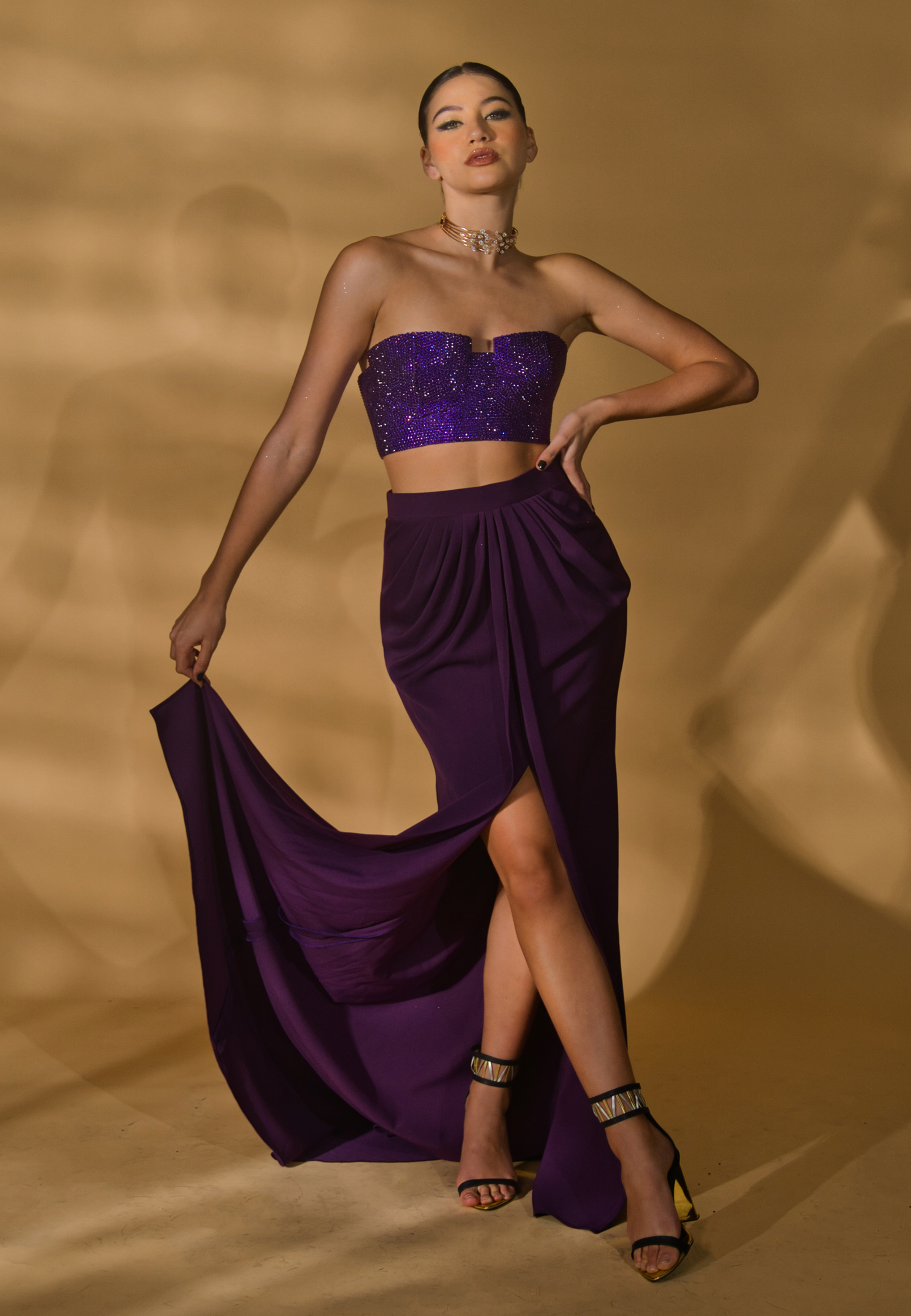 Rhinestone Encrusted Bralet with Draped Skirt