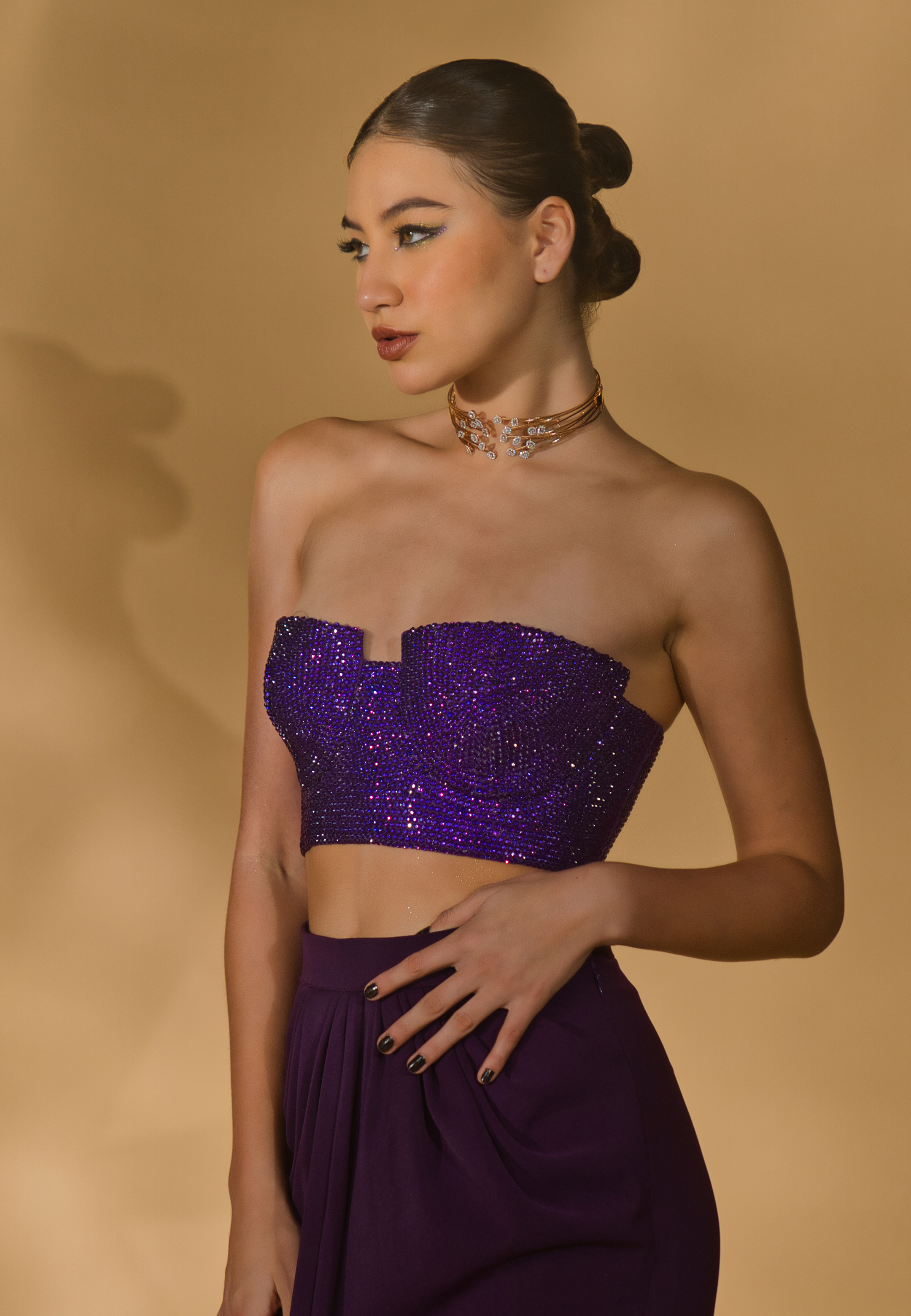 Rhinestone Encrusted Bralet with Draped Skirt