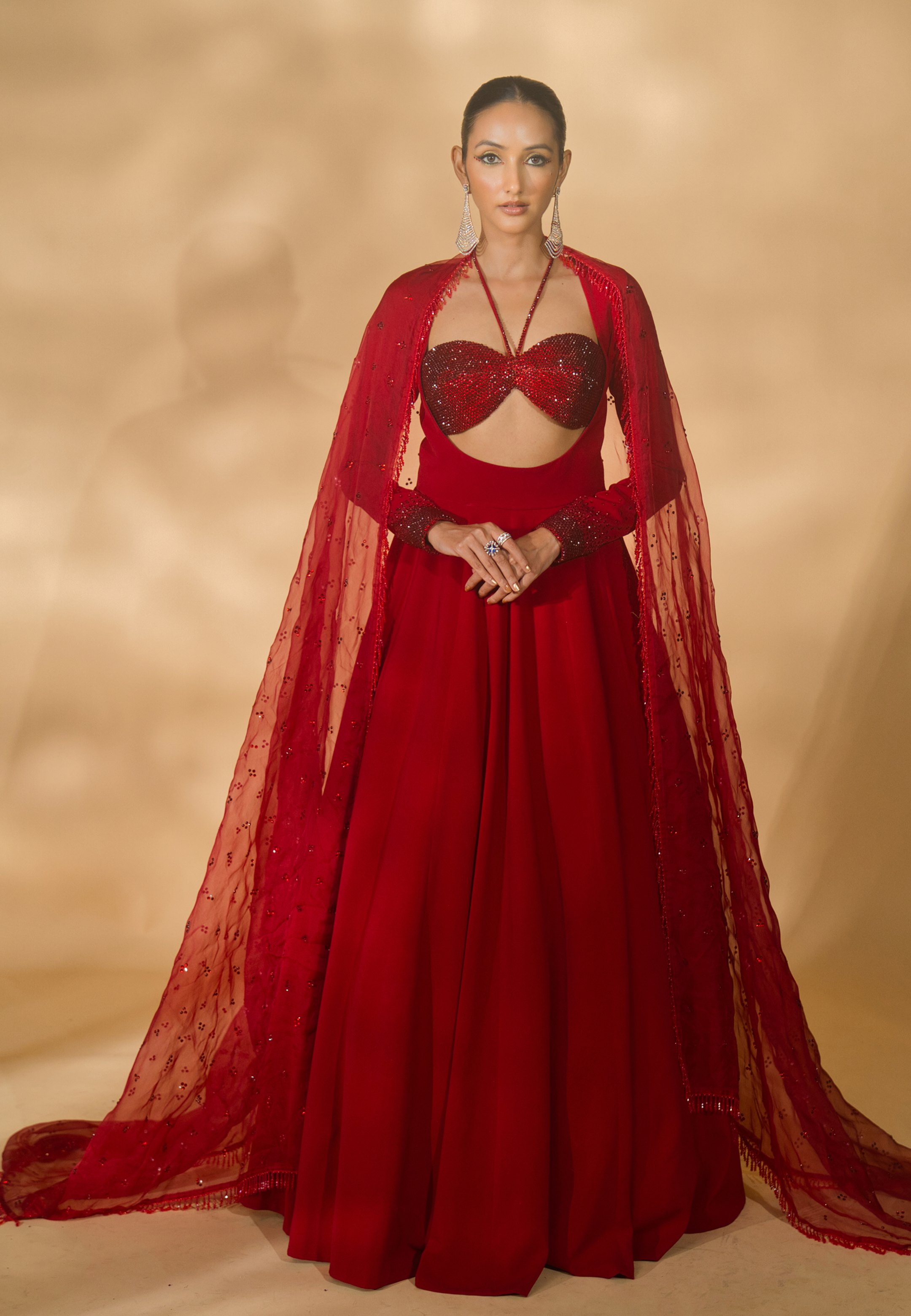 Rhinestone Encrusted Bralet with Wide Neck Anarkali and Organza Dupatta