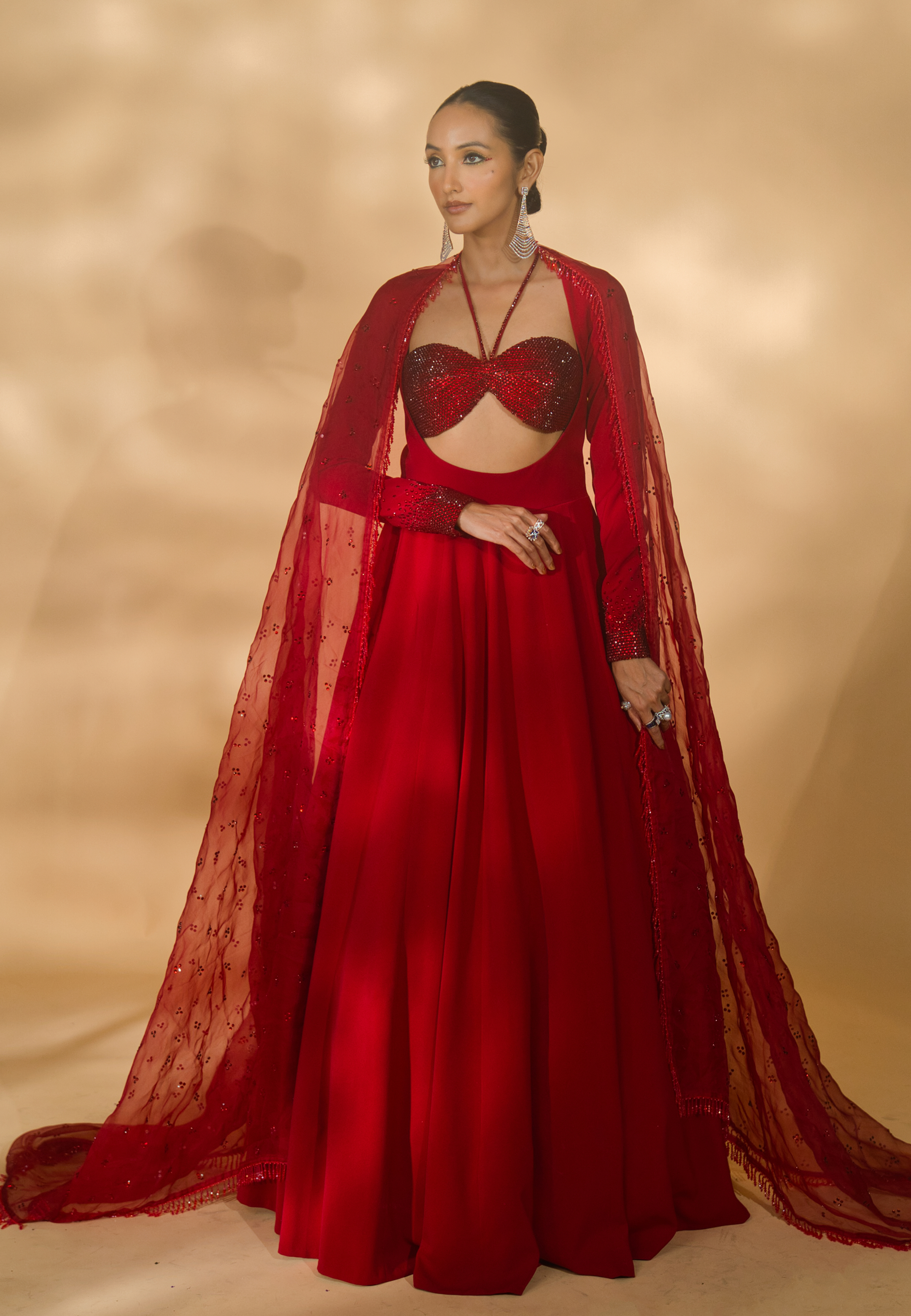 Rhinestone Encrusted Bralet with Wide Neck Anarkali and Organza Dupatta