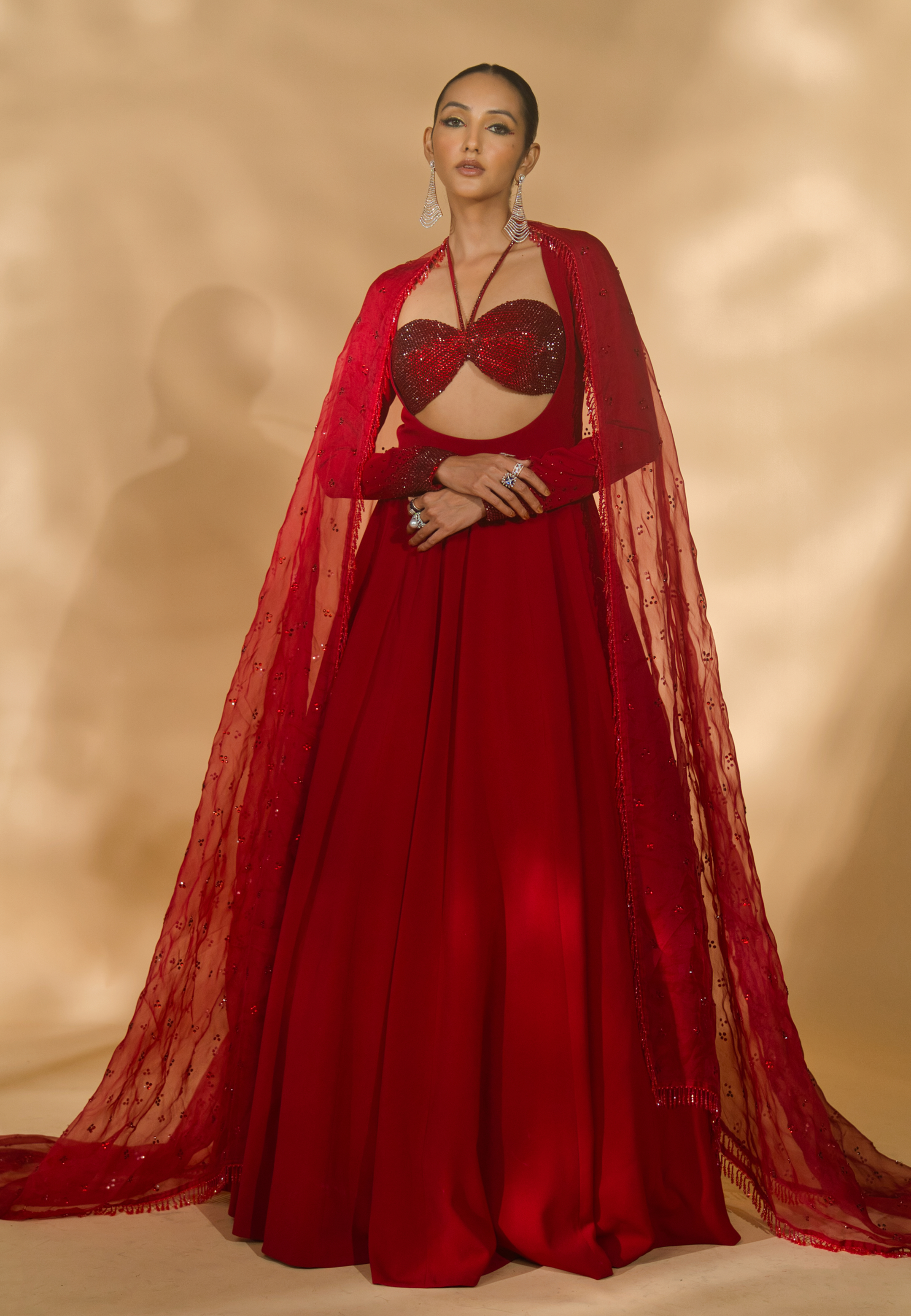 Rhinestone Encrusted Bralet with Wide Neck Anarkali and Organza Dupatta