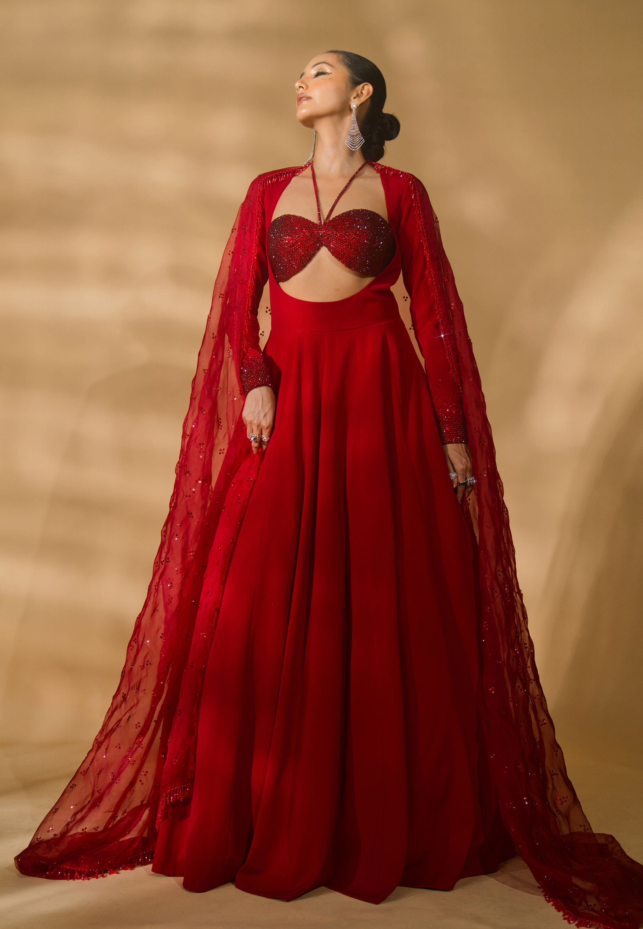 Rhinestone Encrusted Bralet with Wide Neck Anarkali and Organza Dupatta