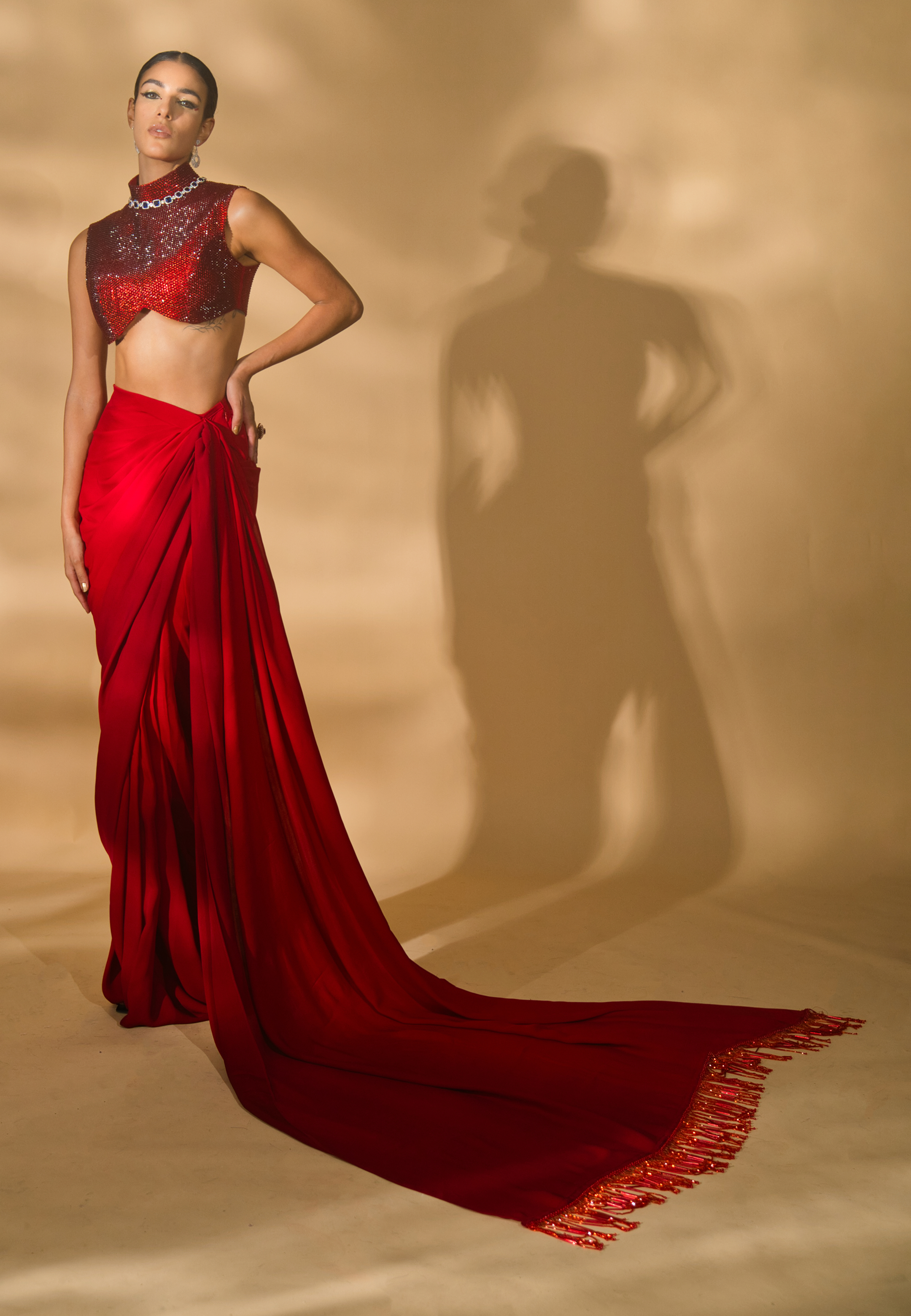 Rhinestone Encrusted Blouse with Pre-Stitched Double Georgette Saree (NT23-021)