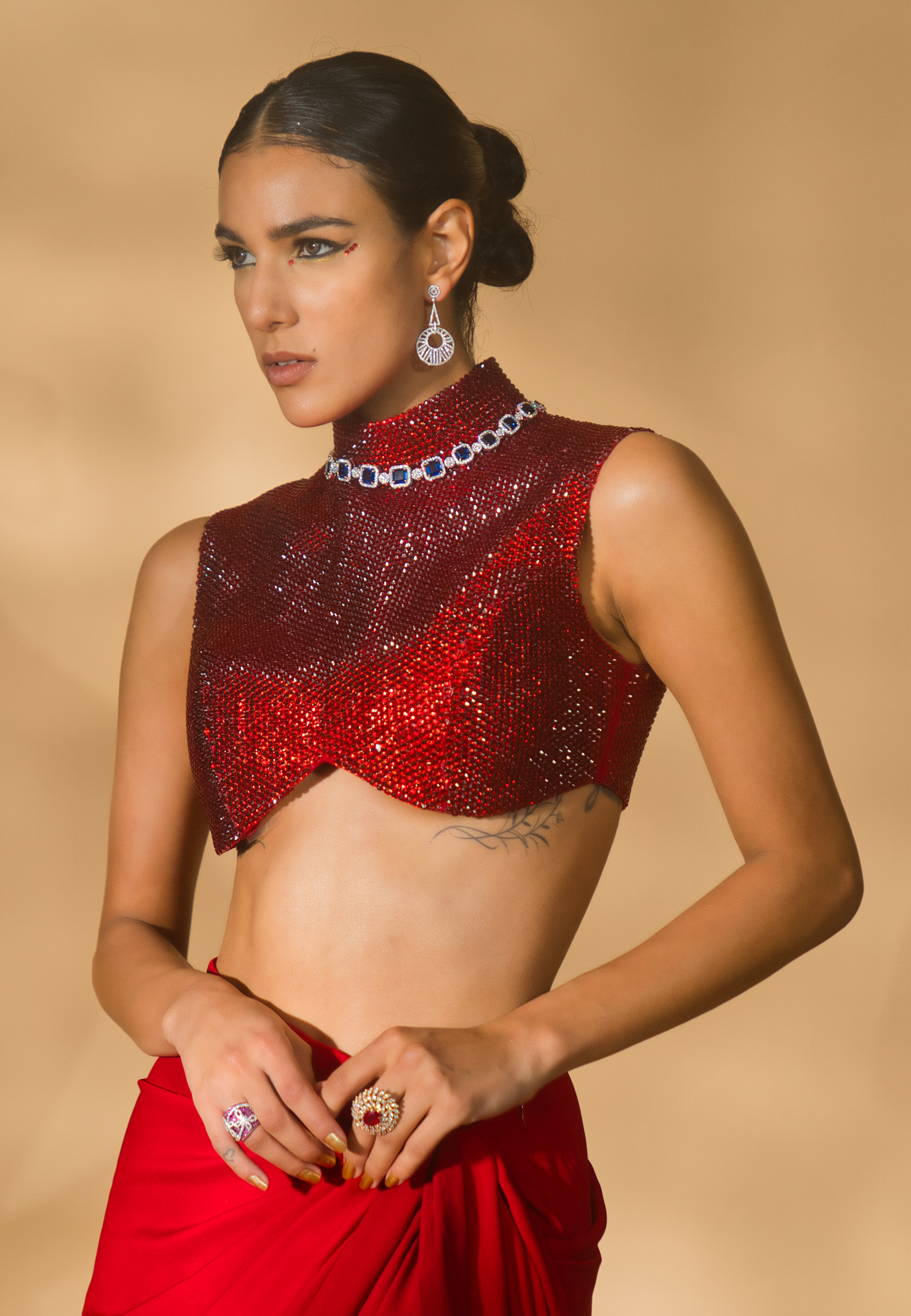 Rhinestone Encrusted Blouse with Pre-Stitched Double Georgette Saree (NT23-021)