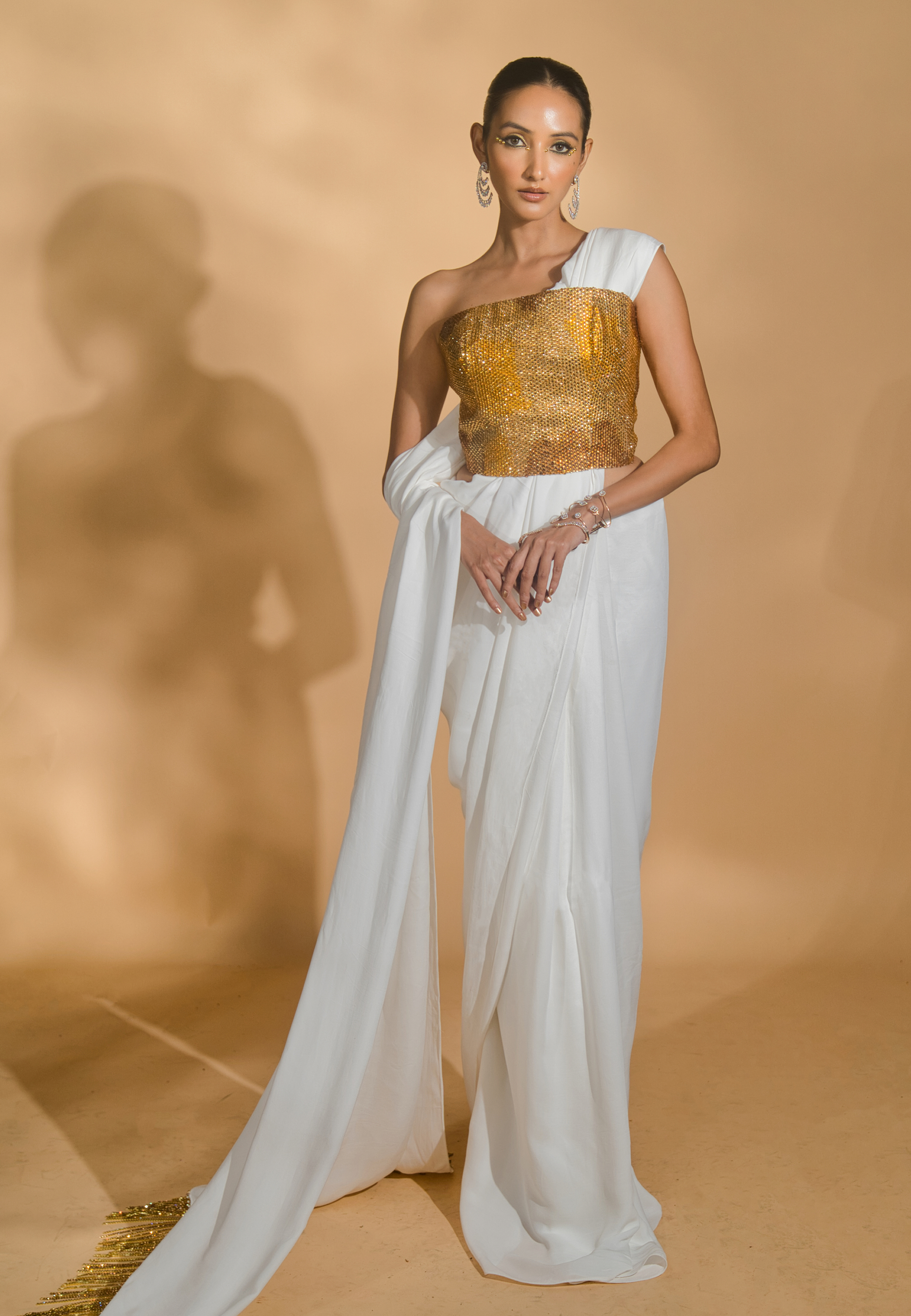 Rhinestone Encrusted Corset Blouse with Pre-Stitched Double Georgette Saree