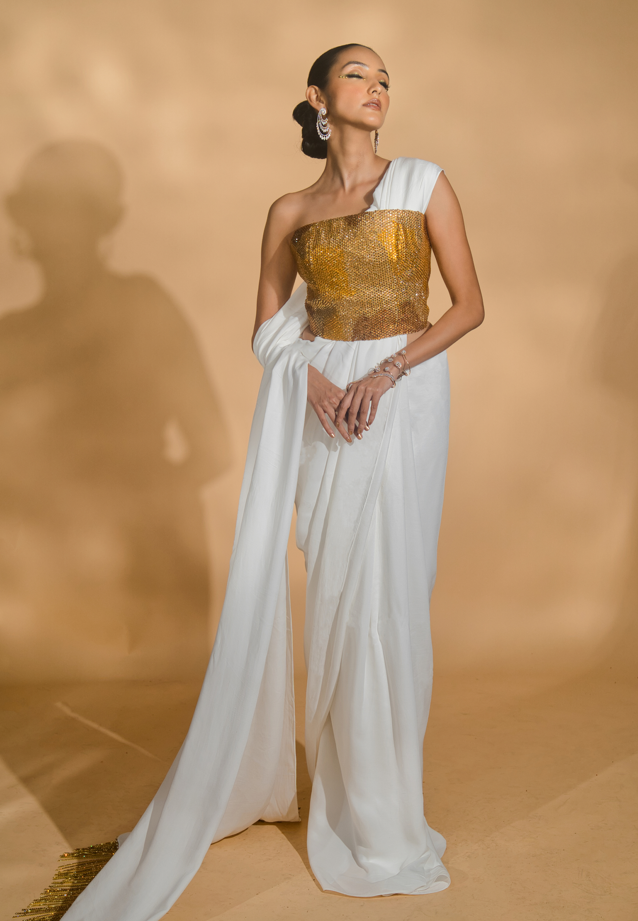 Rhinestone Encrusted Corset Blouse with Pre-Stitched Double Georgette Saree