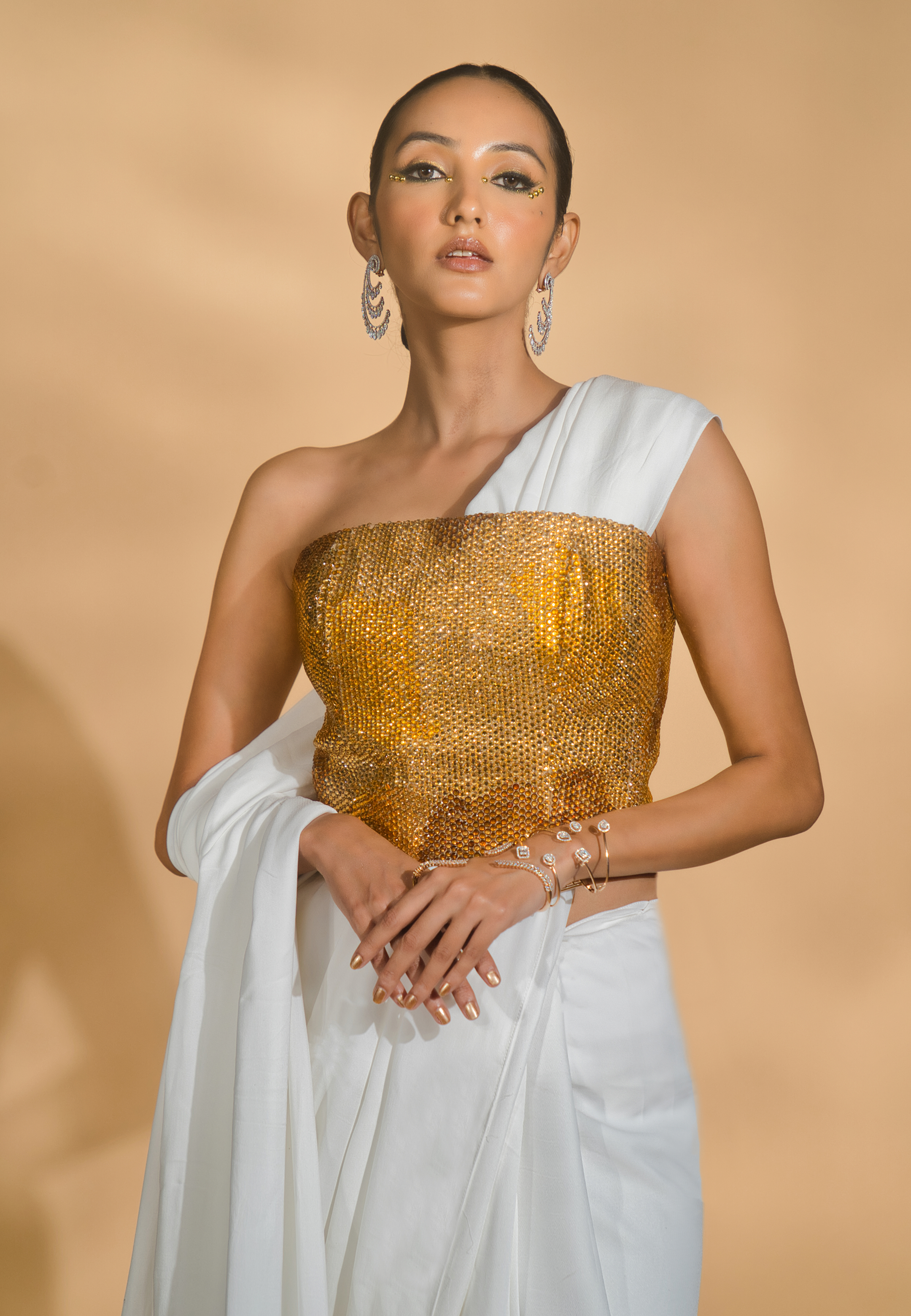 Rhinestone Encrusted Corset Blouse with Pre-Stitched Double Georgette Saree