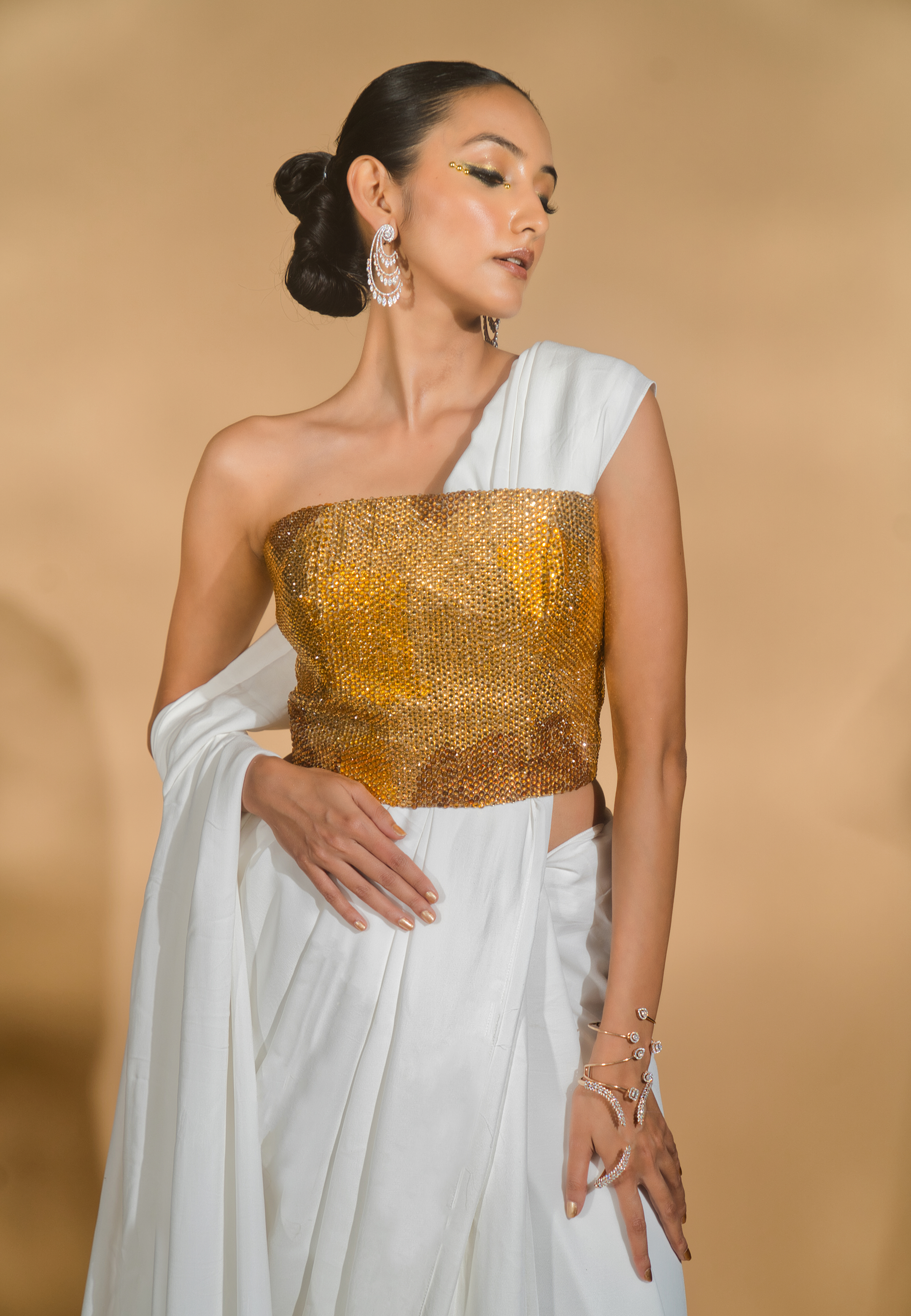 Rhinestone Encrusted Corset Blouse with Pre-Stitched Double Georgette Saree