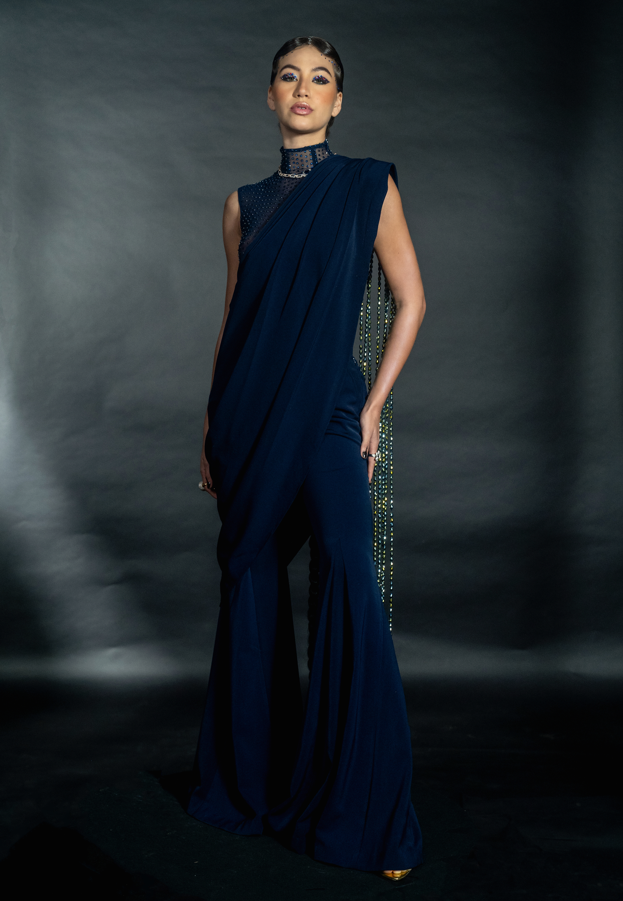 Navy Blue Pant Saree with Holographic Bead String Pallu and Rhinestoned Bodysuit