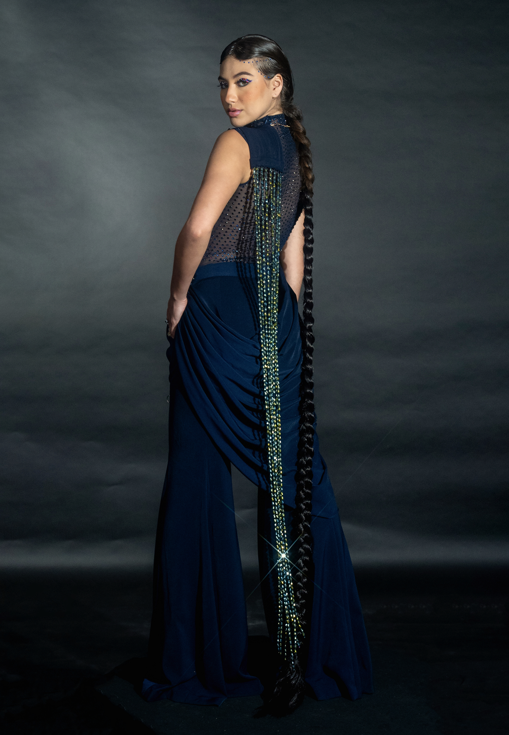 Navy Blue Pant Saree with Holographic Bead String Pallu and Rhinestoned Bodysuit