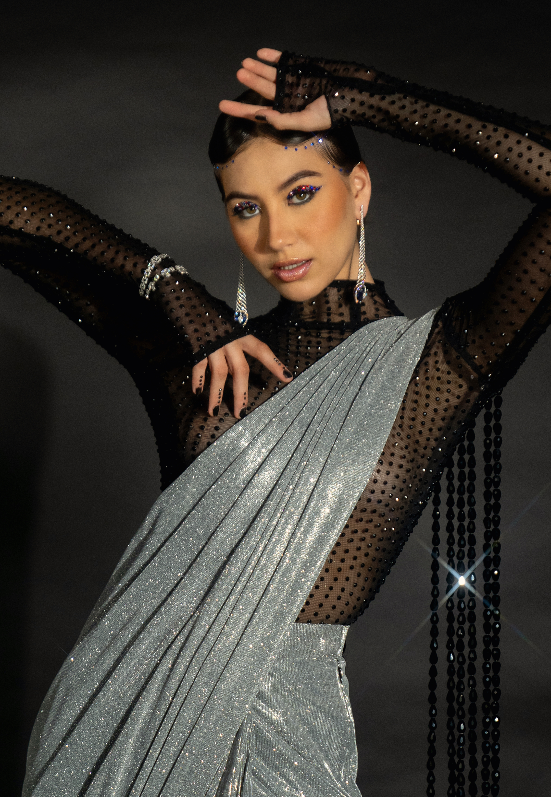 Silver Shimmer Saree with Bead String Pallu and Rhinestoned Bodysuit