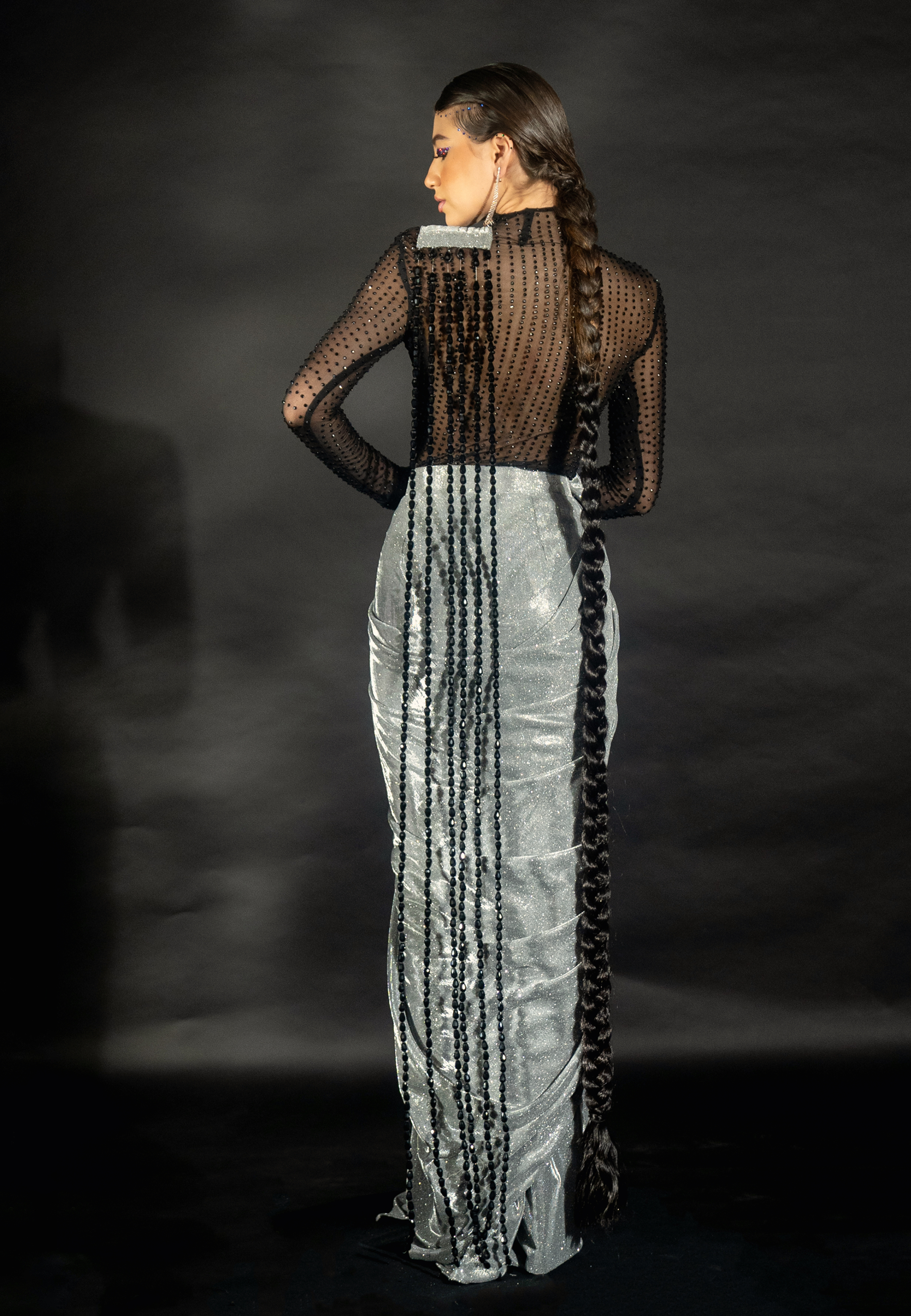 Silver Shimmer Saree with Bead String Pallu and Rhinestoned Bodysuit