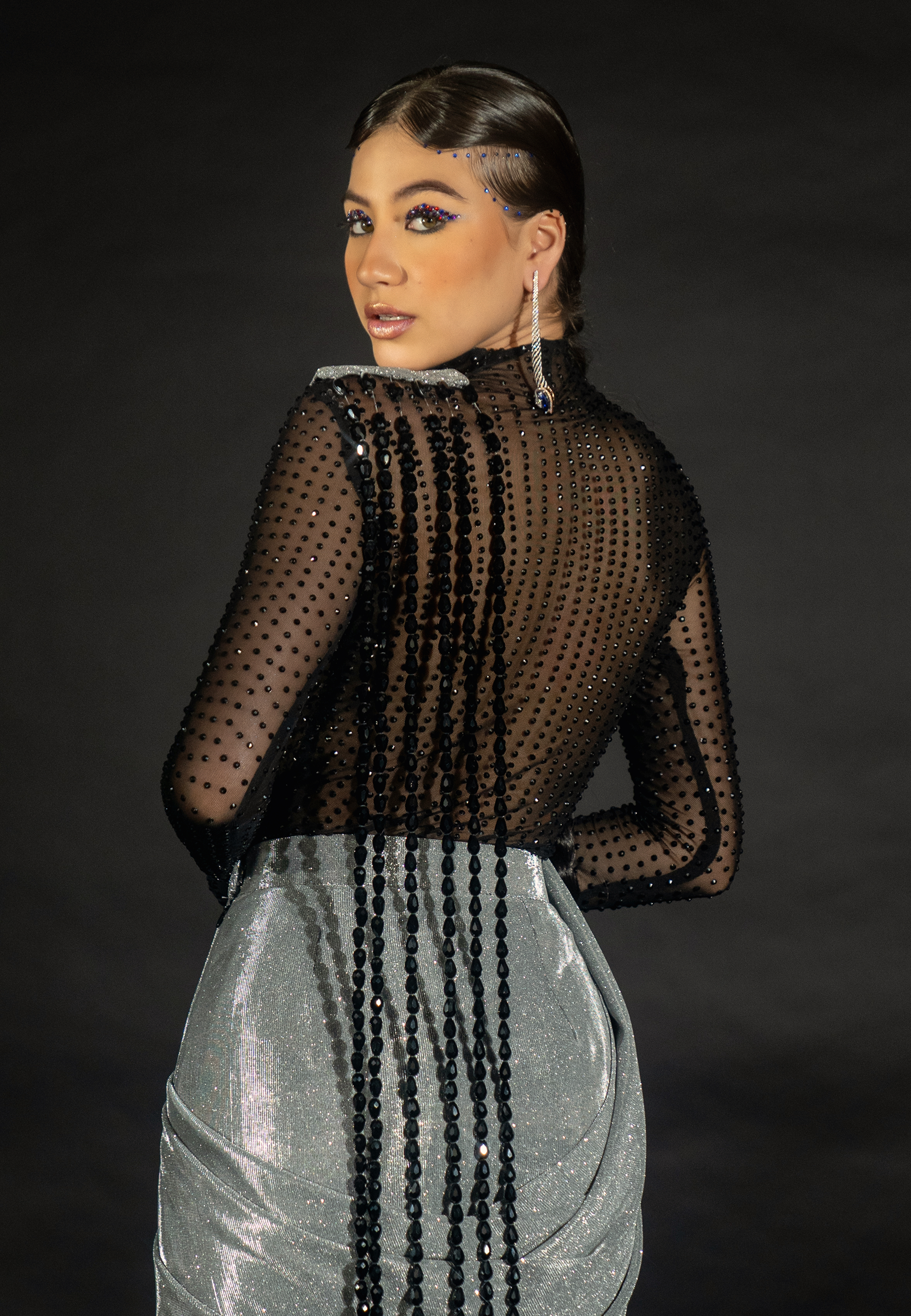 Silver Shimmer Saree with Bead String Pallu and Rhinestoned Bodysuit