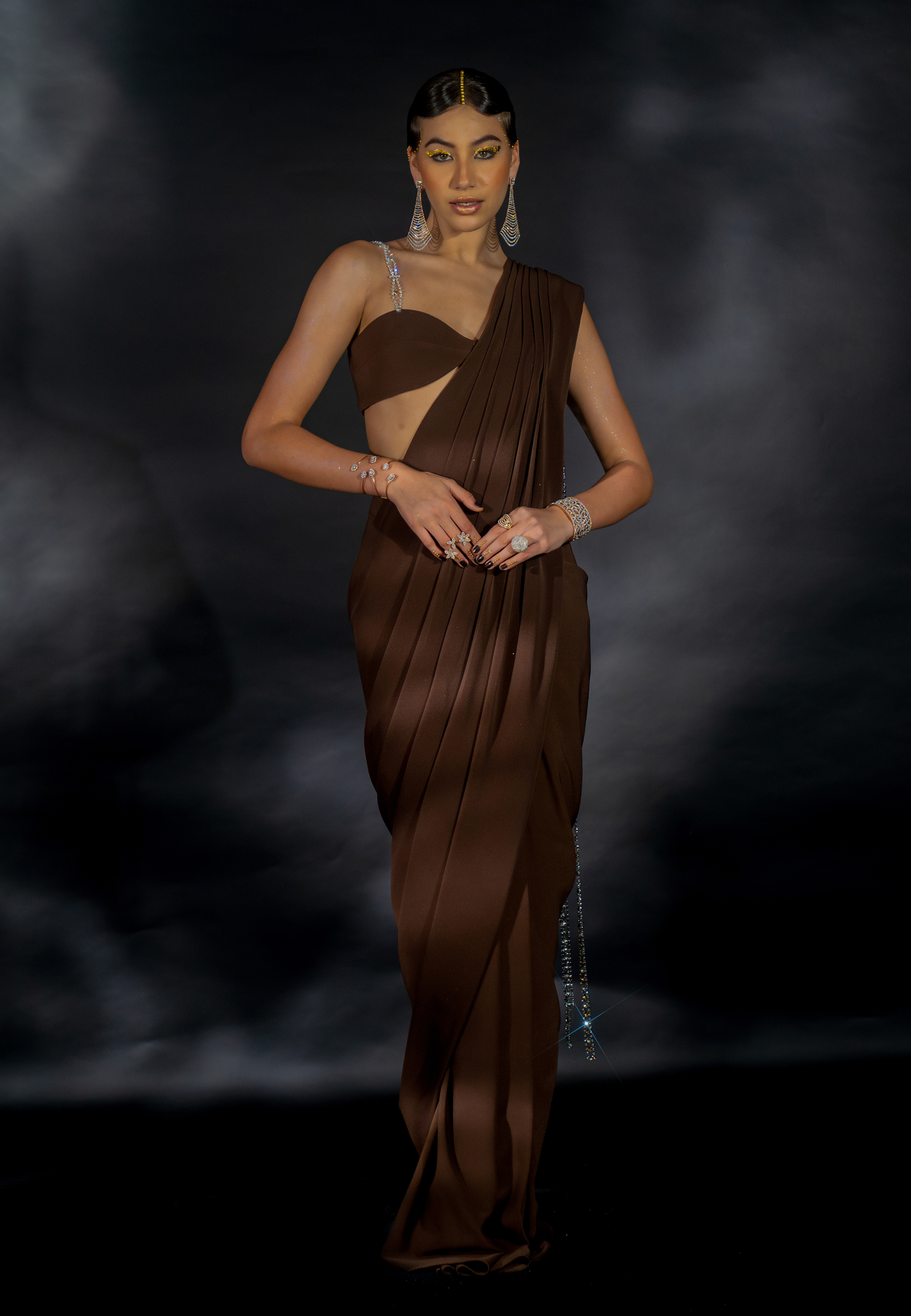 Cocoa Brown Suiting Saree with Diamond String Pallu and Strap