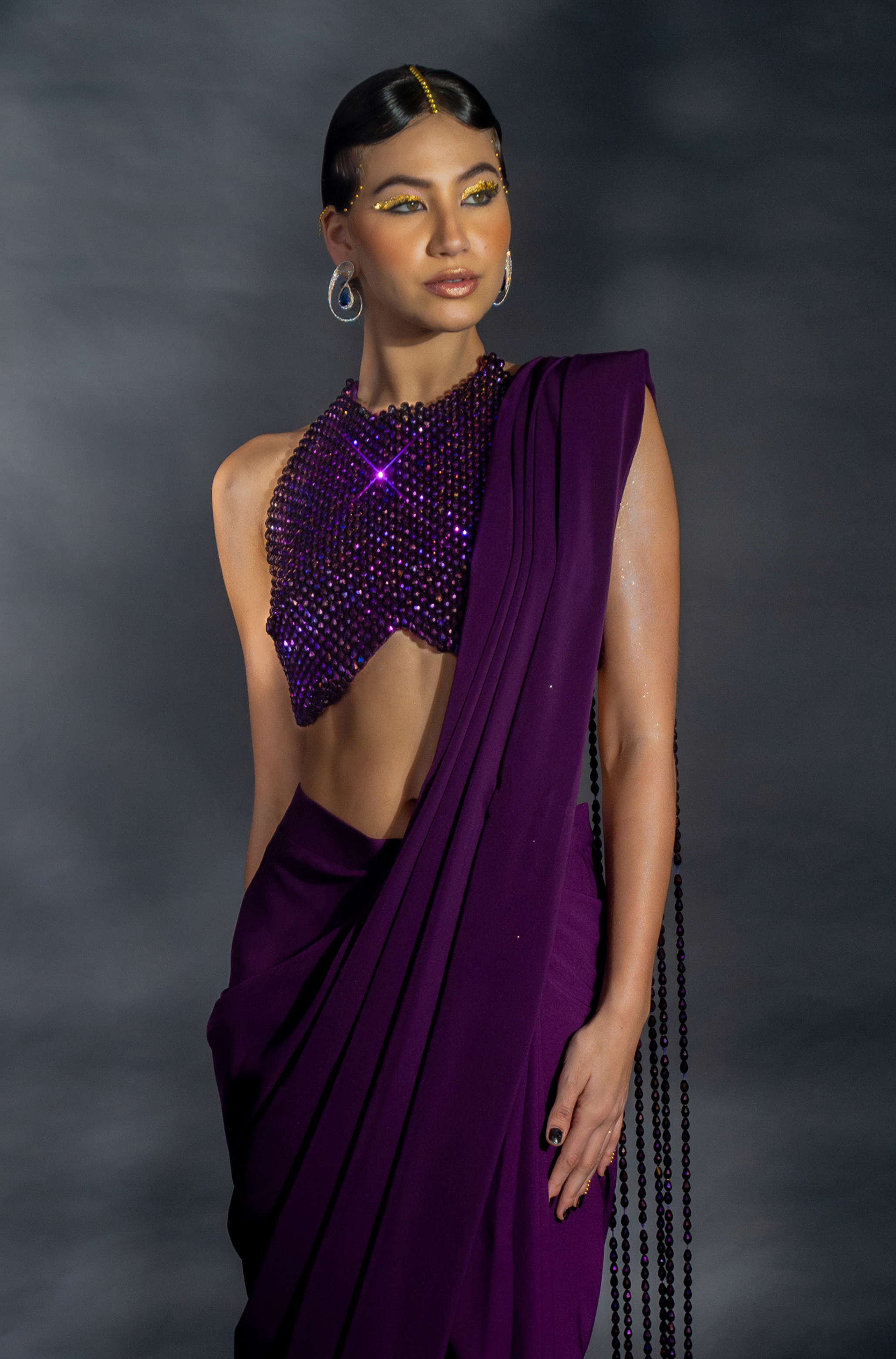 Purple Suiting Saree with Bead String Pallu and Bead Encrusted Blouse