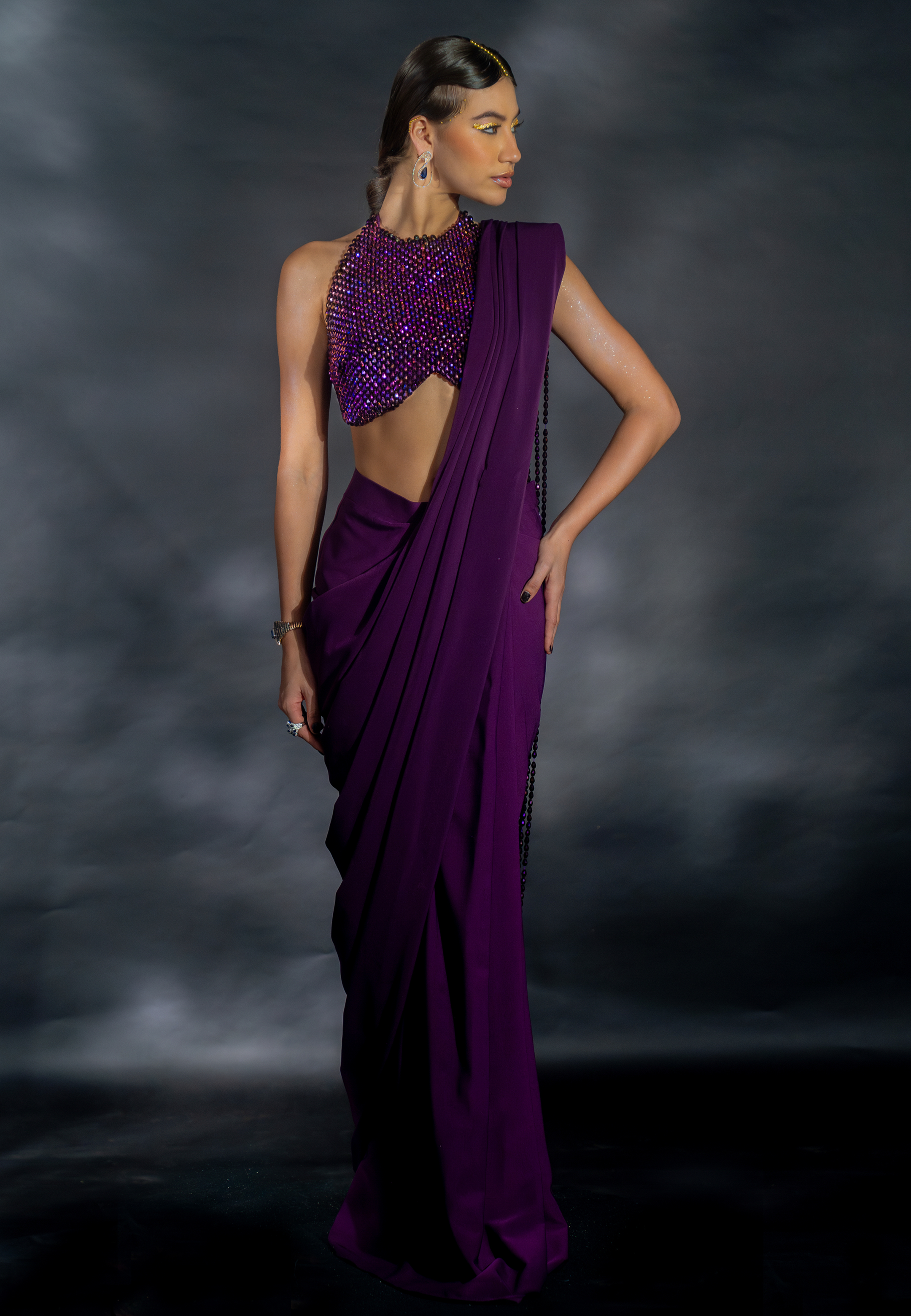 Purple Suiting Saree with Bead String Pallu and Bead Encrusted Blouse
