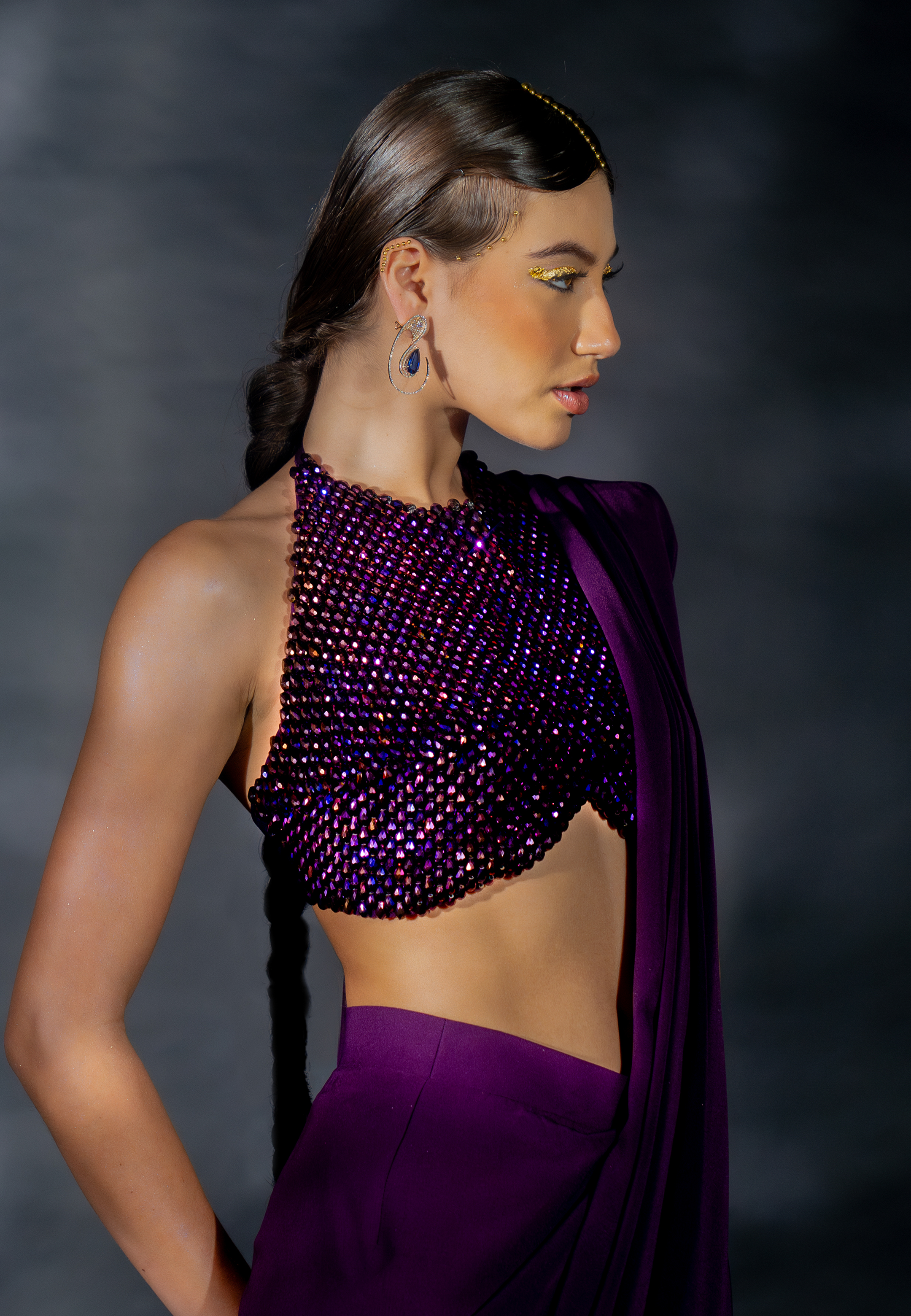 Purple Suiting Saree with Bead String Pallu and Bead Encrusted Blouse