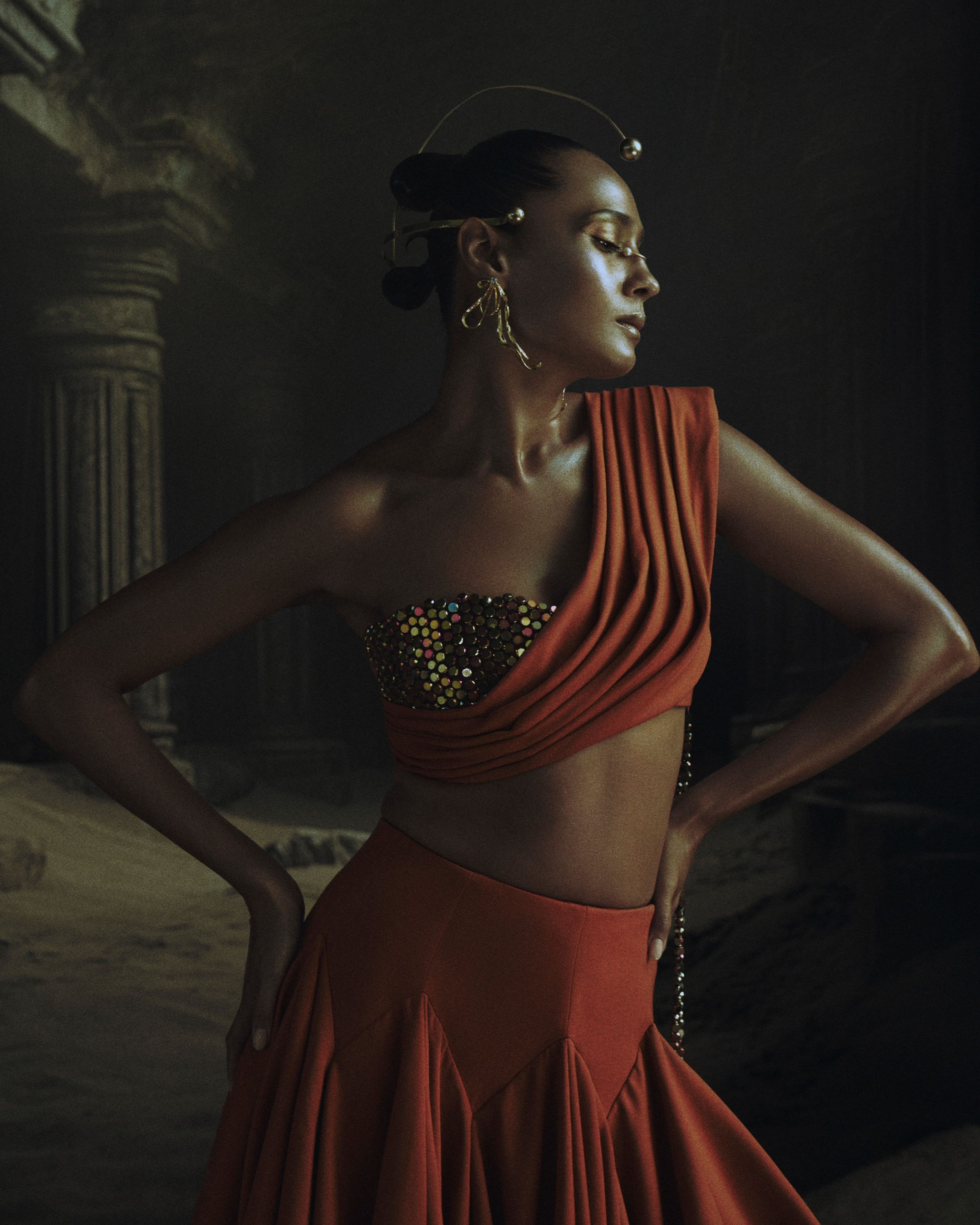 Rust Draped Dupatta Blouse + Godet Lehenga