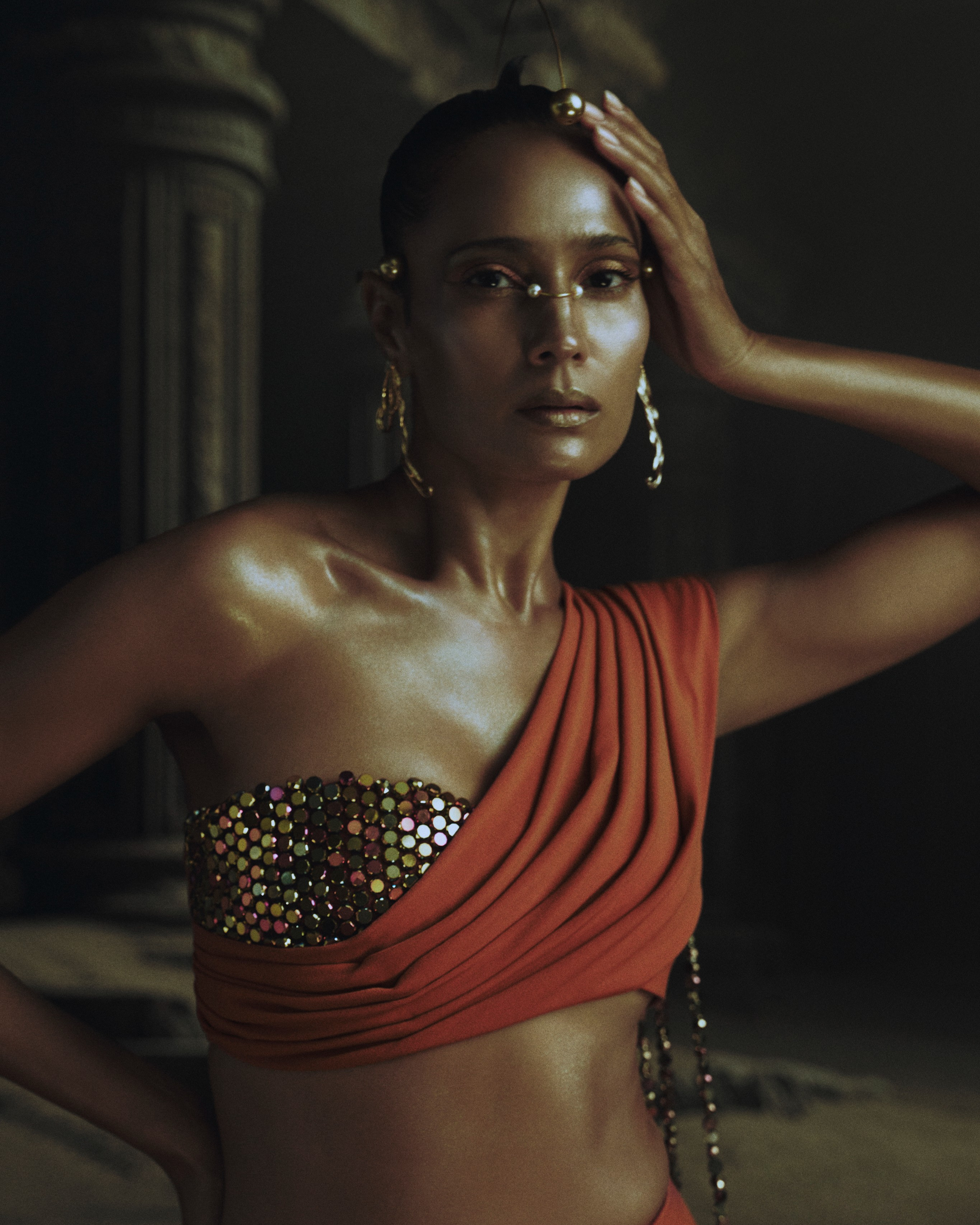 Rust Draped Dupatta Blouse + Godet Lehenga