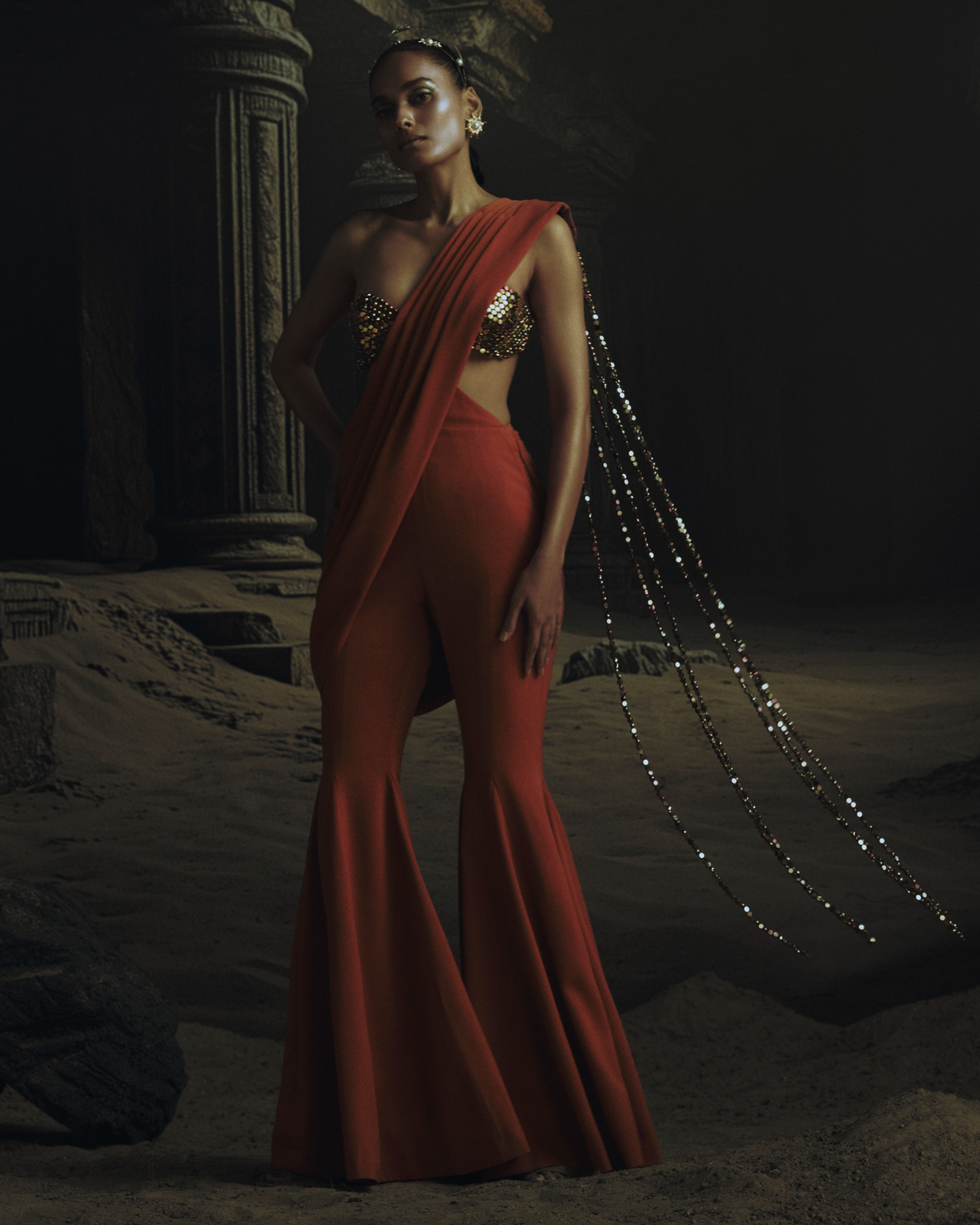 Rust Jumpsuit Saree with Metallic Bead Pallu