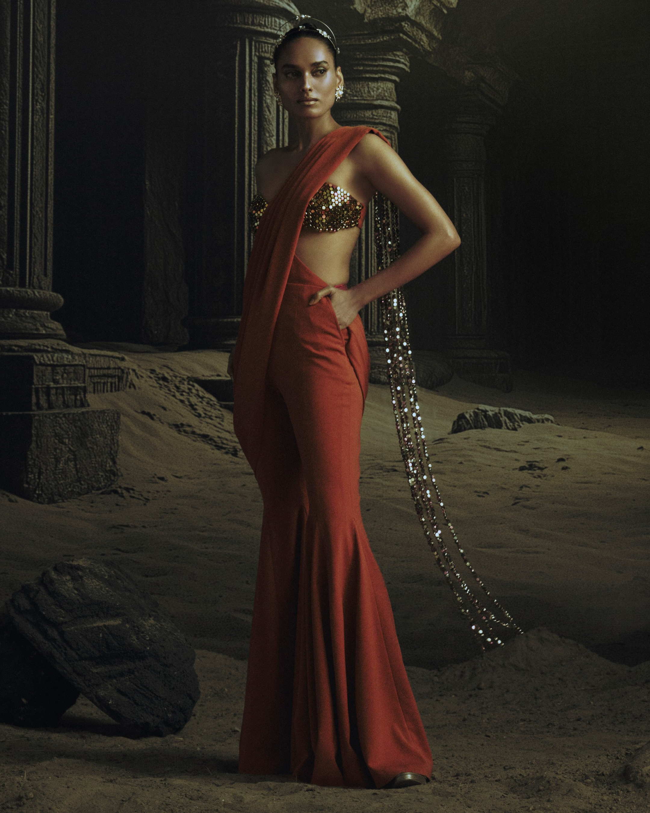 Rust Jumpsuit Saree with Metallic Bead Pallu