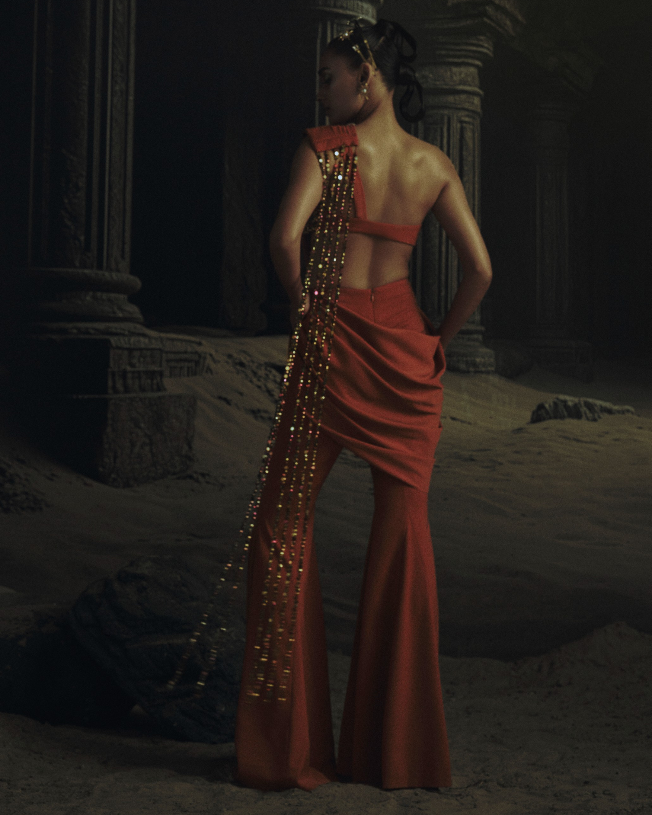 Rust Jumpsuit Saree with Metallic Bead Pallu