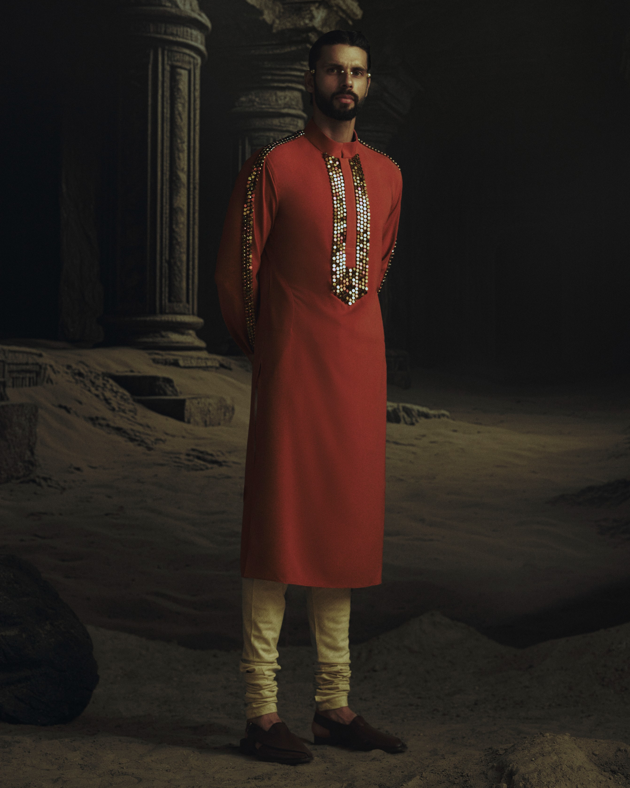 Rust Metallic Bead Embroidered Kurta + Churidaar