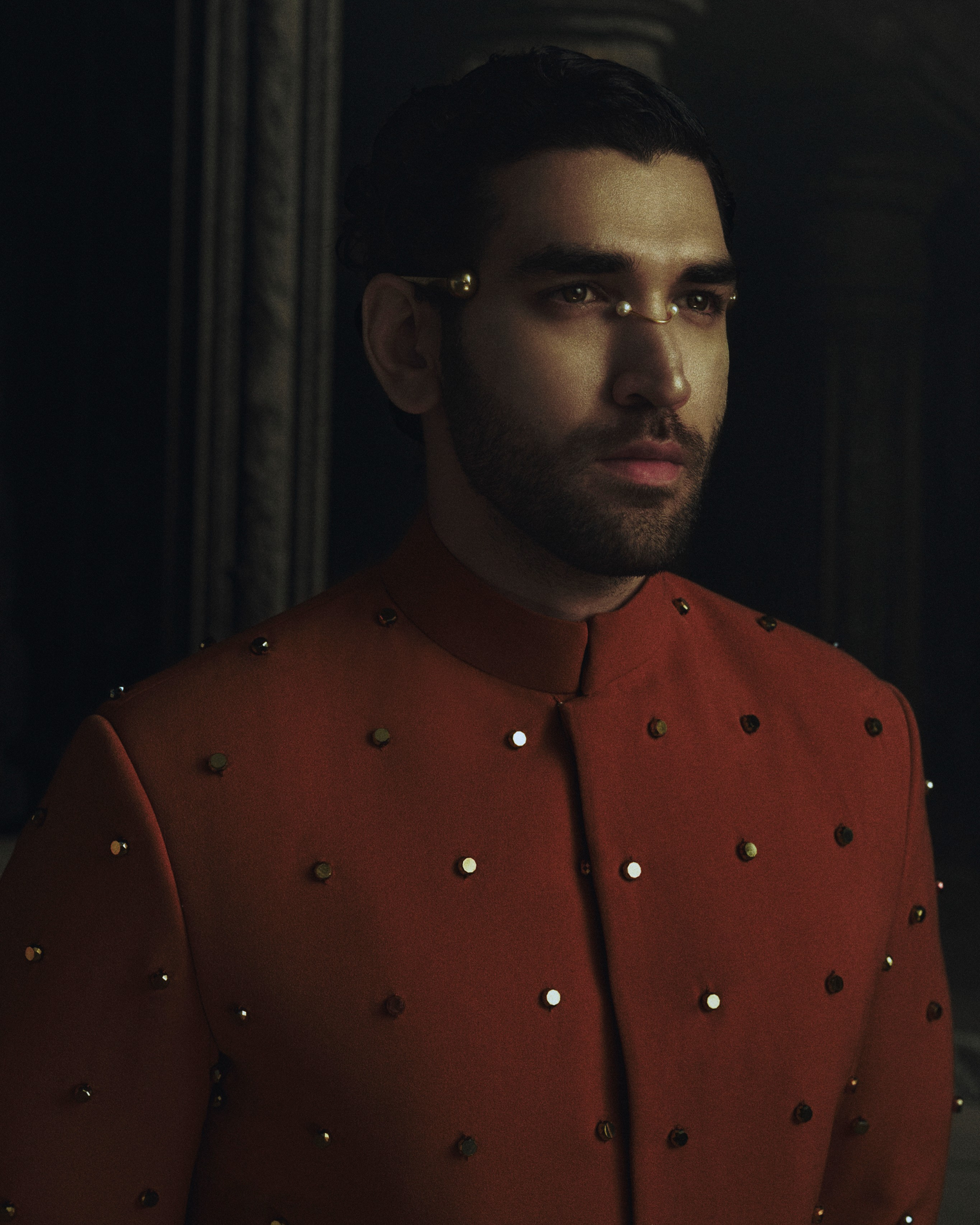 Rust Polka Metallic Bead Embroidered Sherwani Set