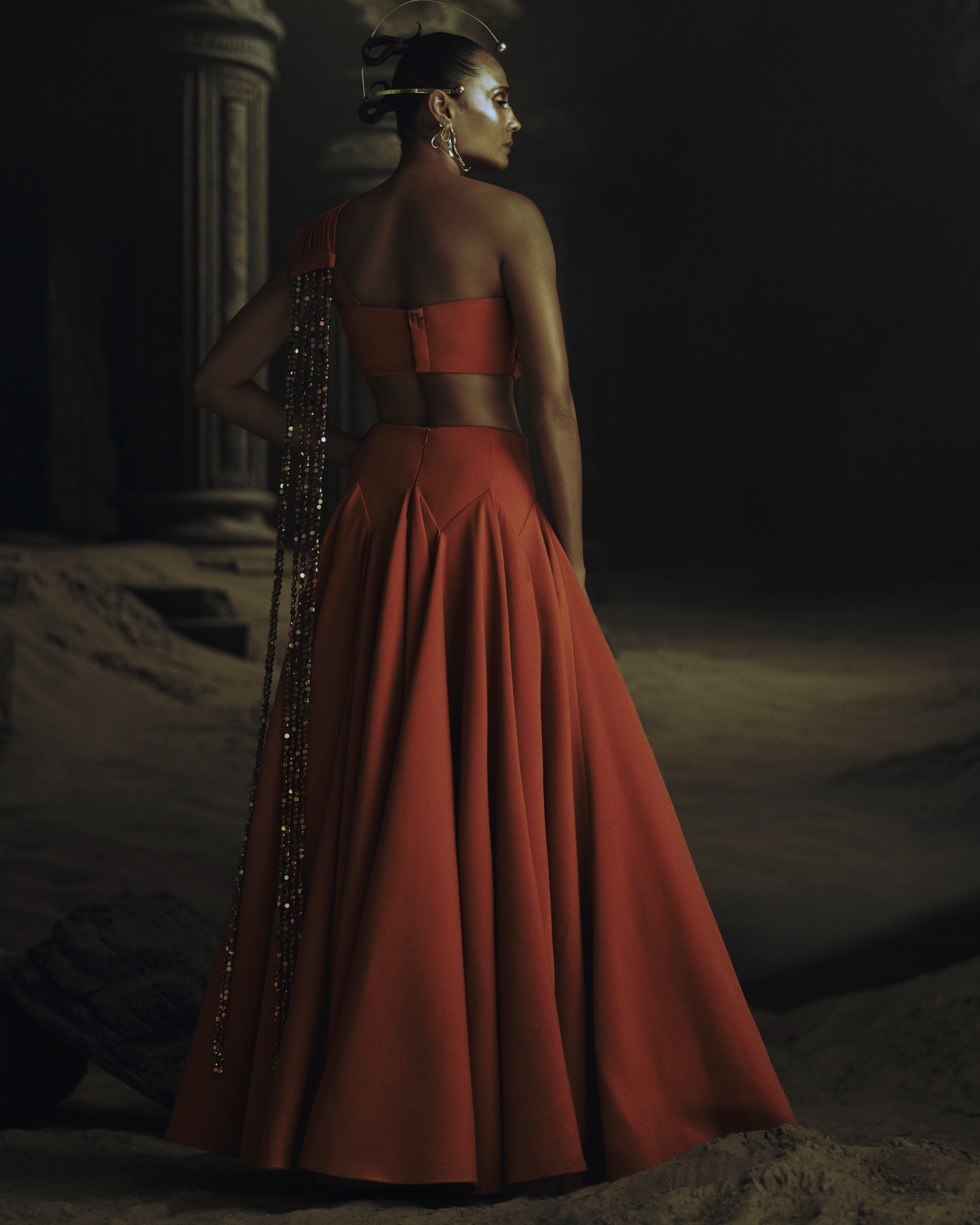 Rust Draped Dupatta Blouse + Godet Lehenga