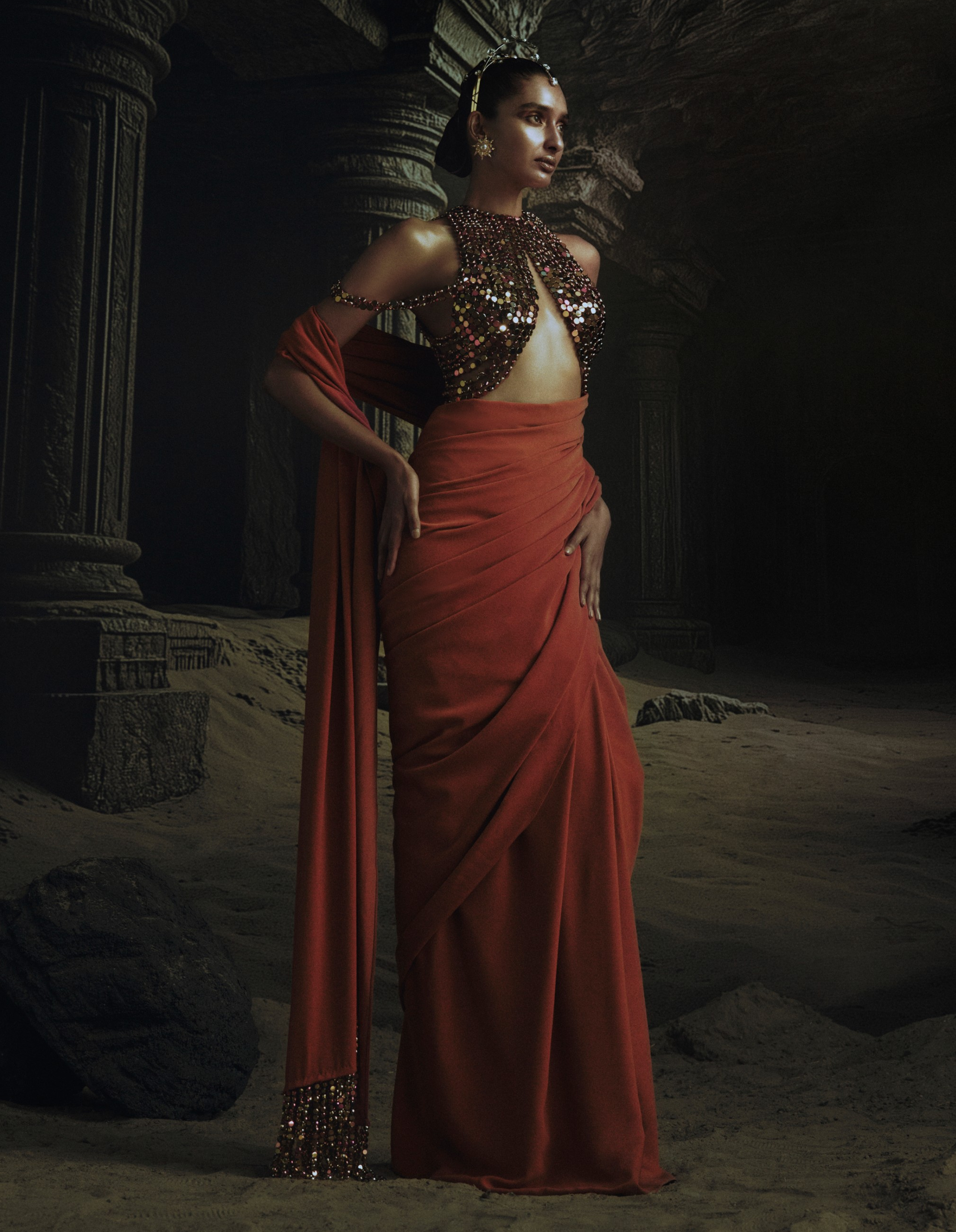 Rust Prestitched Saree with Metallic Bead Blouse