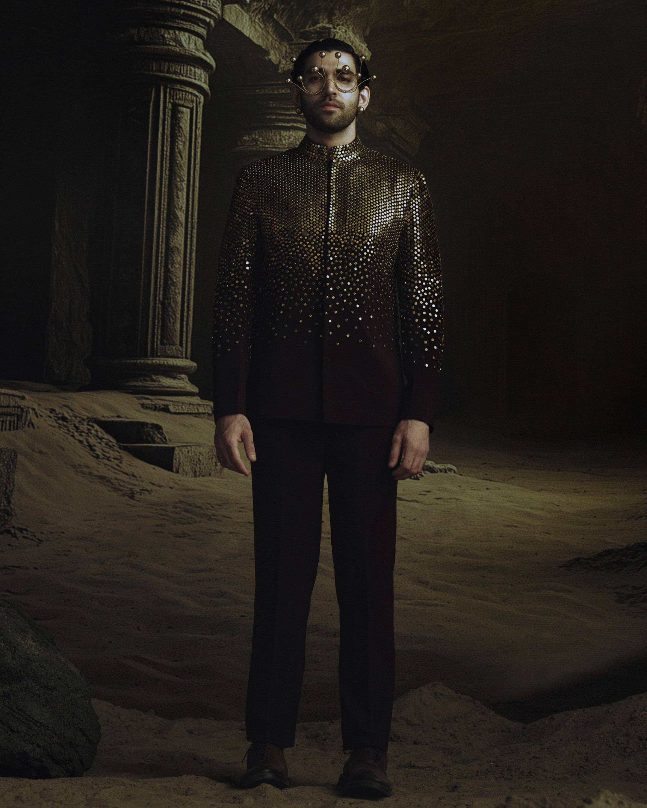 Brown Metallic Stud Encrusted Bandhgala Jacket + Pants